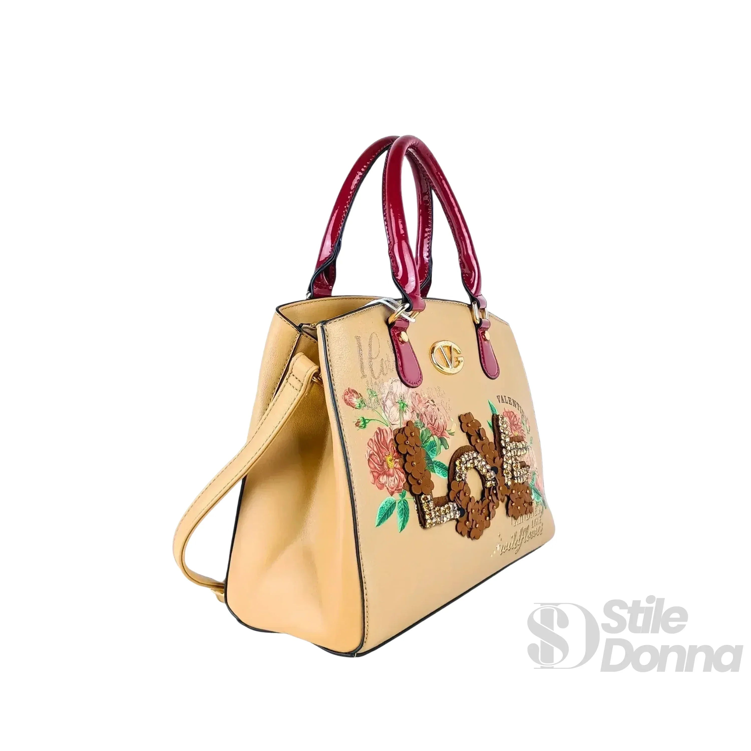 Borsa Tote Da Donna In EcoPelle Con Ricamo Floreale E Scritta Love In Paillettes