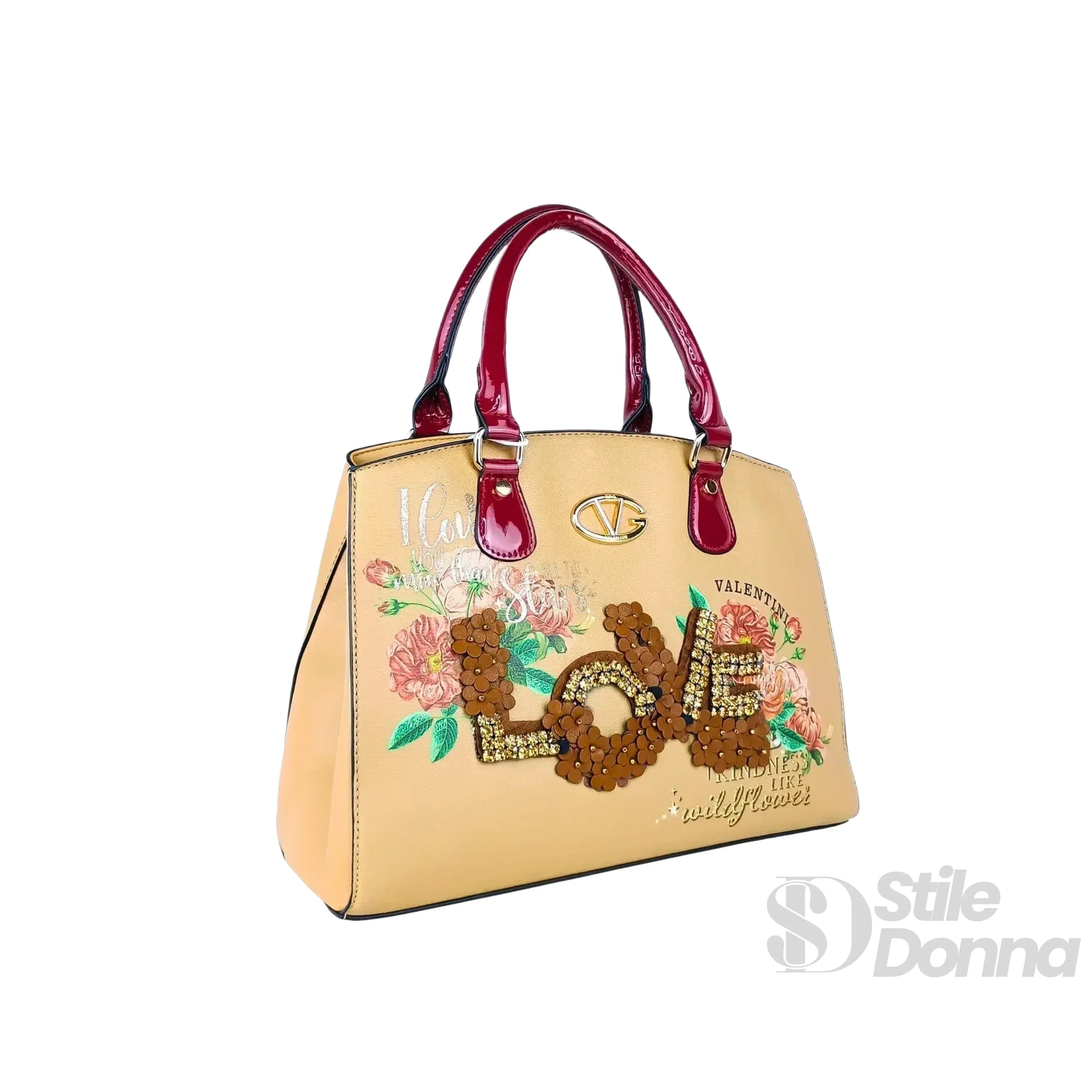 Borsa Tote Da Donna In EcoPelle Con Ricamo Floreale E Scritta Love In Paillettes