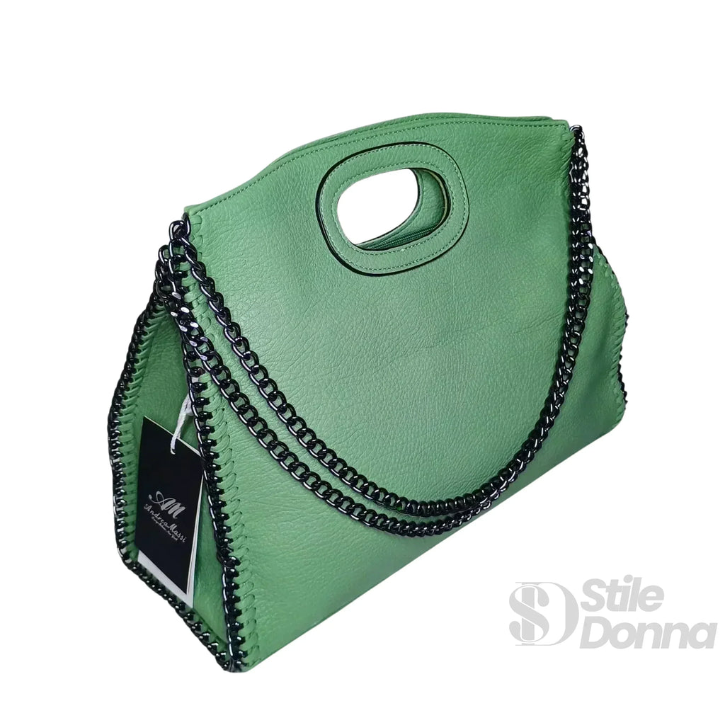 Borsa Tote In Ecopelle Verde Con Dettagli A Catena E Manico A Catena Argento Stile Contemporaneo