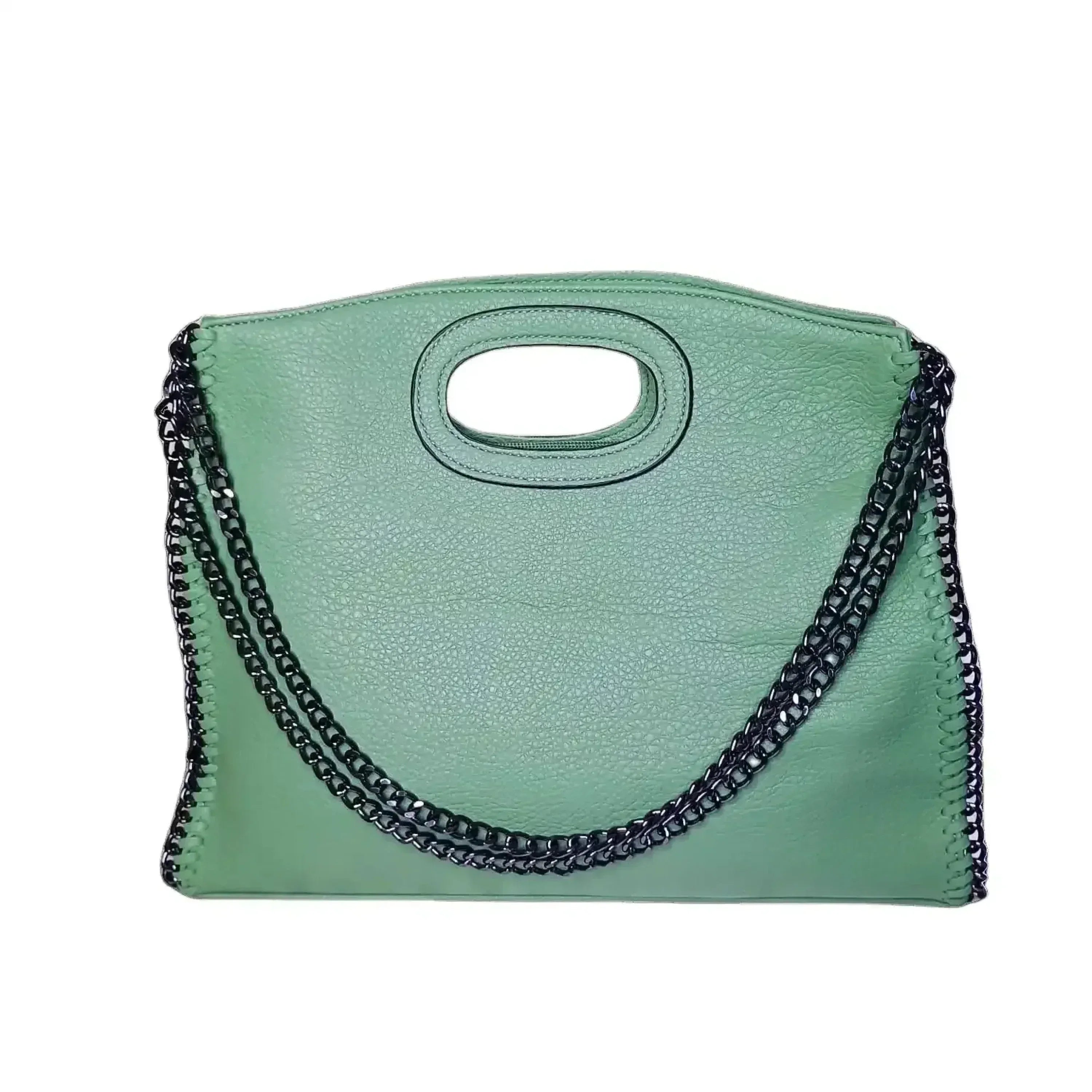 Borsa Tote In Ecopelle Verde Con Dettagli A Catena E Manico A Catena Argento Stile Contemporaneo