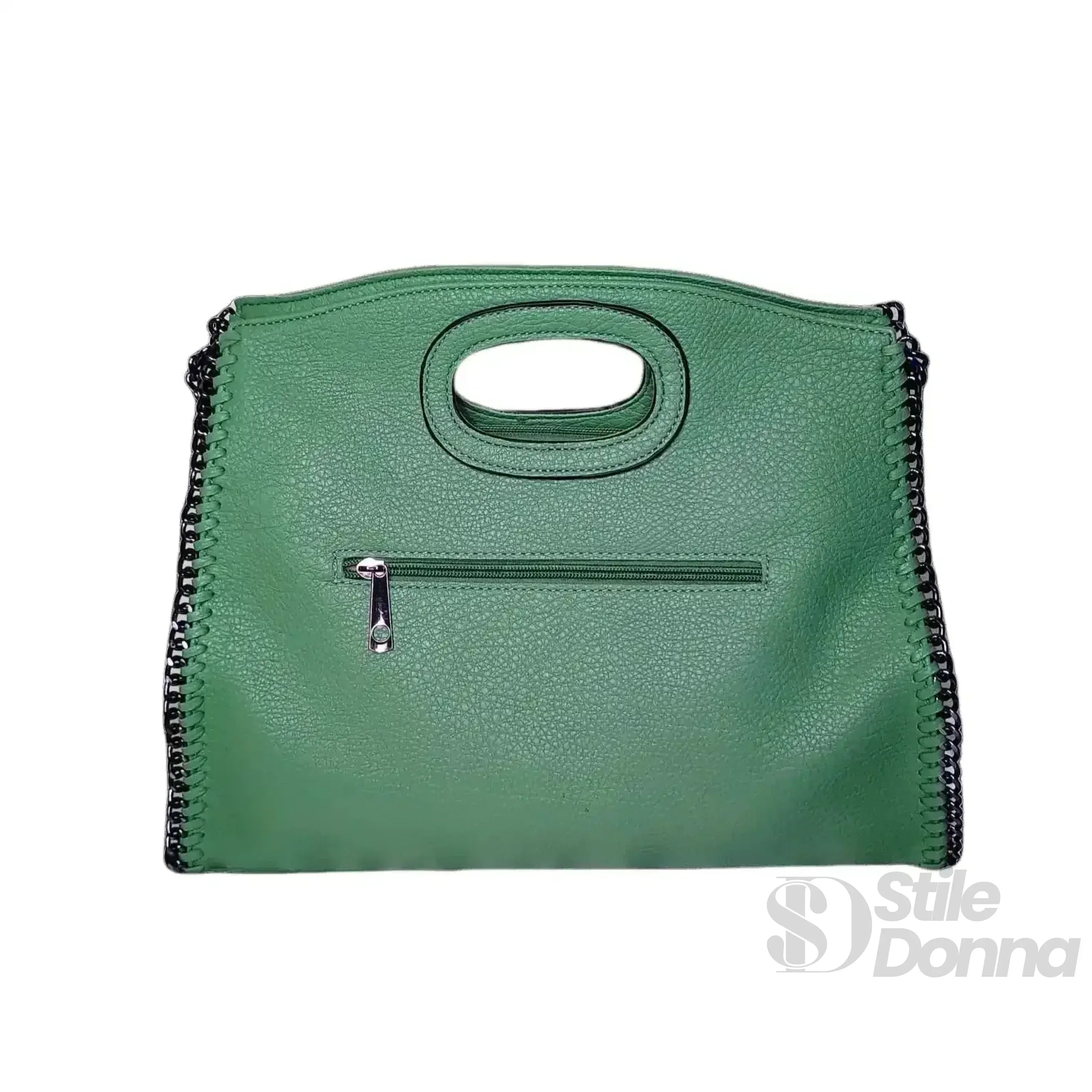 Borsa Tote In Ecopelle Verde Con Dettagli A Catena E Manico A Catena Argento Stile Contemporaneo