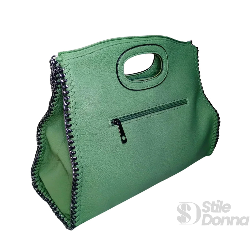 Borsa Tote In Ecopelle Verde Con Dettagli A Catena E Manico A Catena Argento Stile Contemporaneo