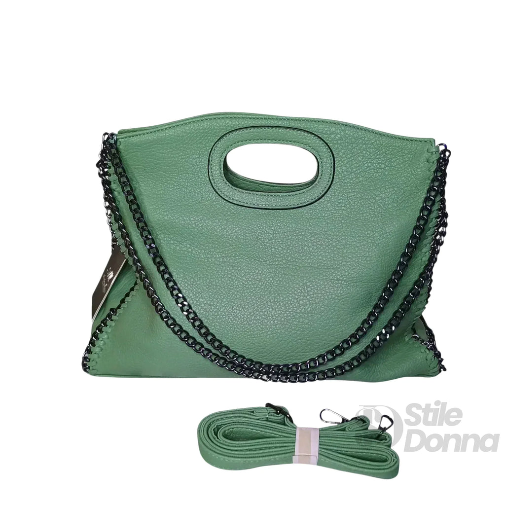 Borsa Tote In Ecopelle Verde Con Dettagli A Catena E Manico A Catena Argento Stile Contemporaneo