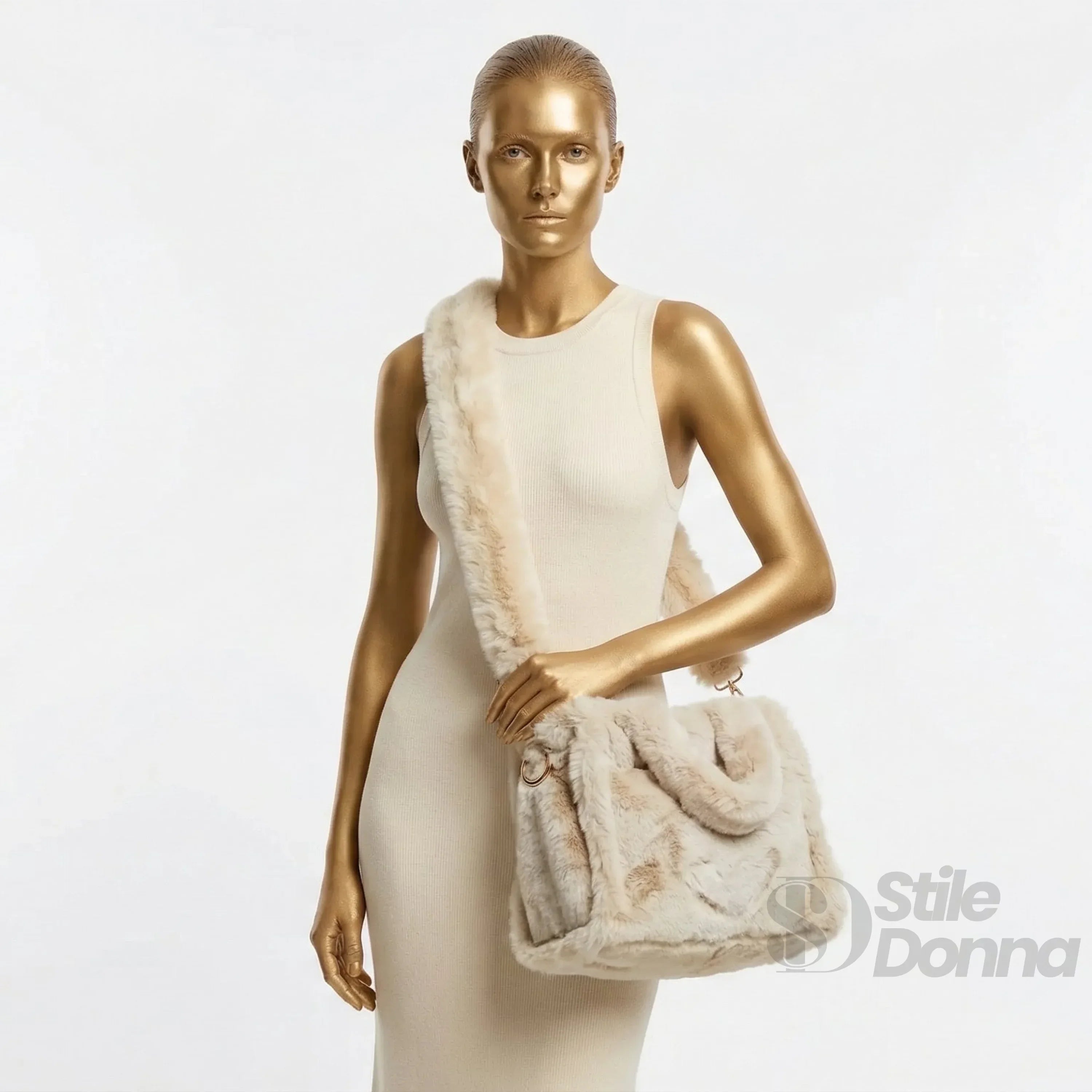 Borsa Tote In Pelliccia Sintetica Colore Crema Capiente E Morbida Per Outfit Casual E Formali