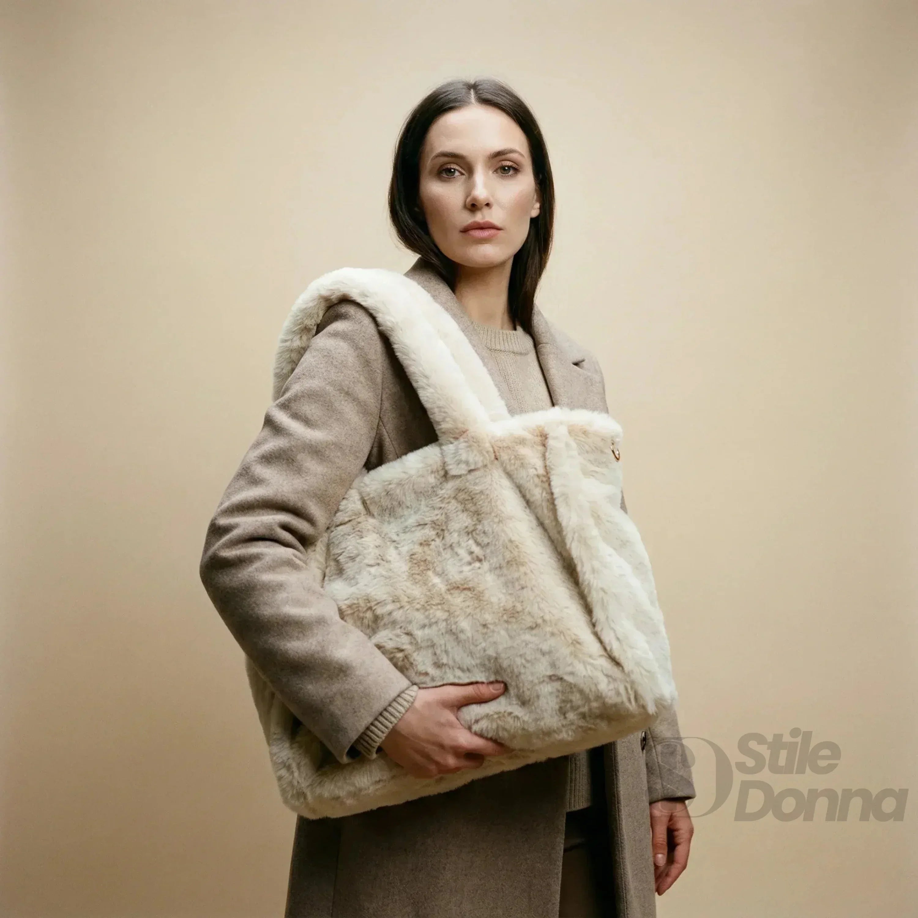 Borsa Tote In Pelliccia Sintetica Colore Crema Capiente E Morbida Per Outfit Casual E Formali
