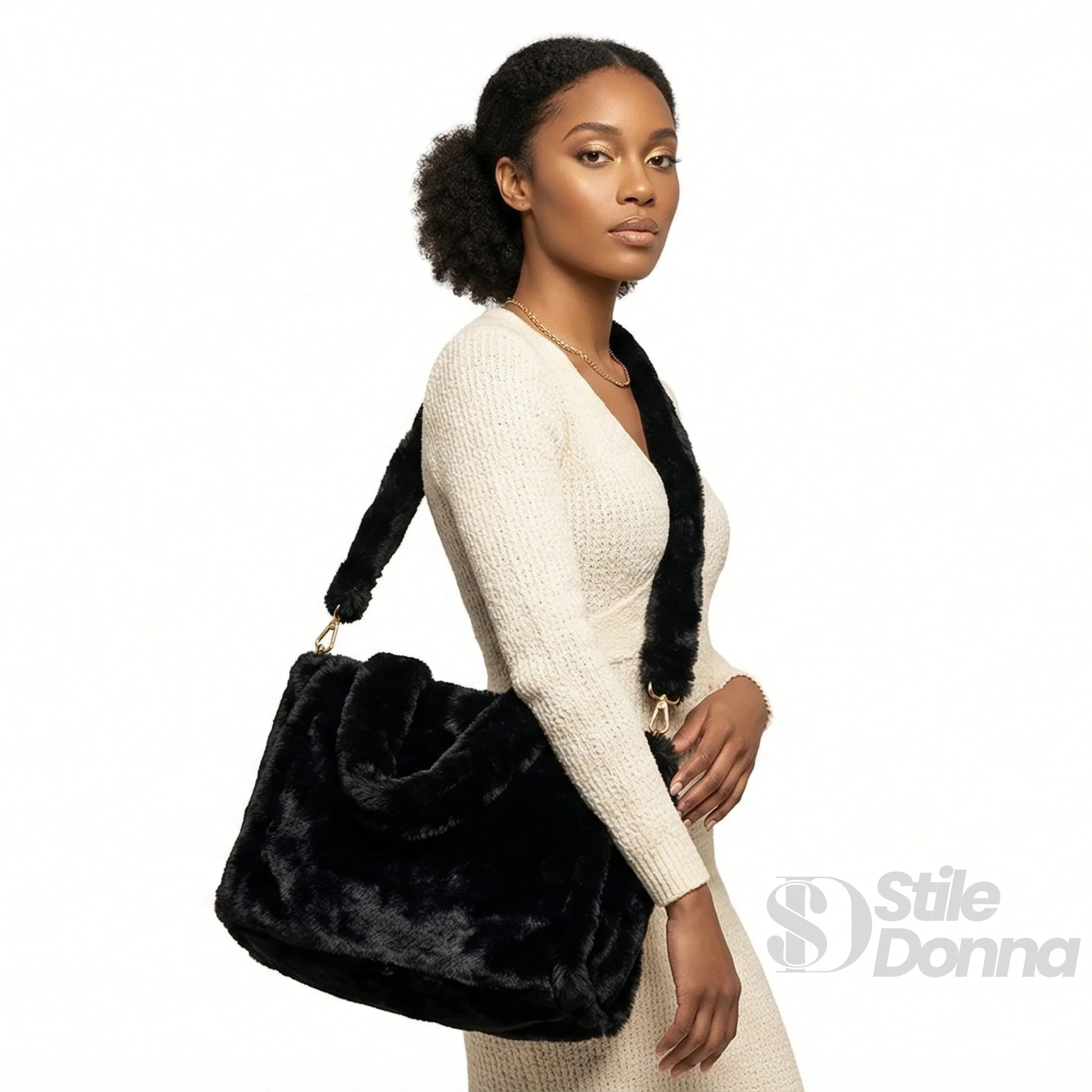 Borsa Tote In Pelliccia Sintetica Colore Crema Capiente E Morbida Per Outfit Casual E Formali