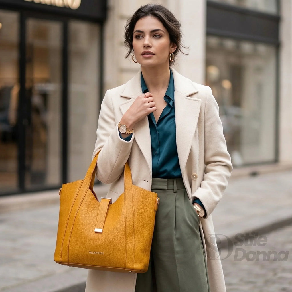 Valentini SIBI Borsa Tote In Pelle PU Giallo Senape Finiture Dorate Chiusura Magnetica Interno PU