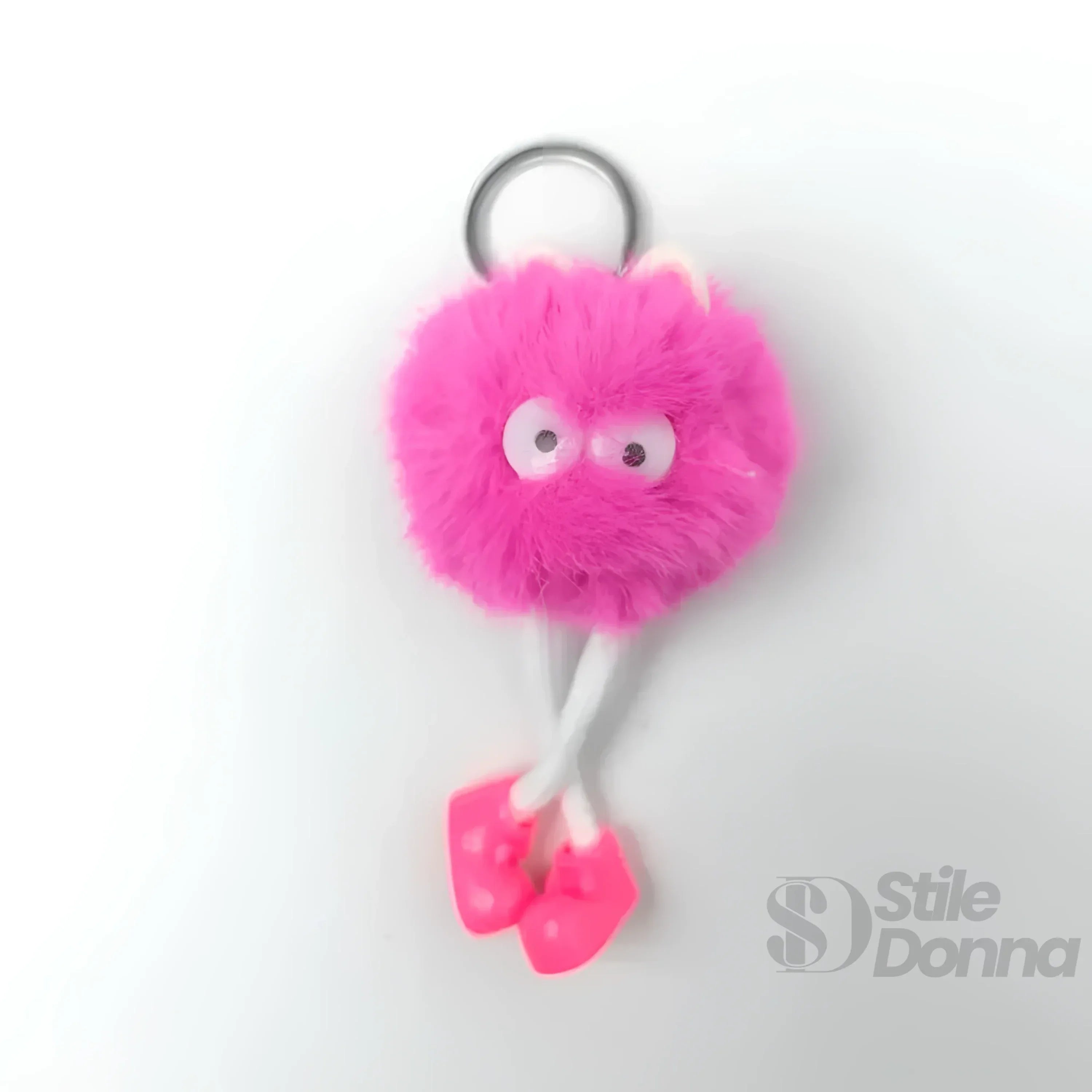 Charm Per Borsa Pom Pom Personaggio In Pelliccia Sintetica E Plastica Con Viso E Gambe Pendenti