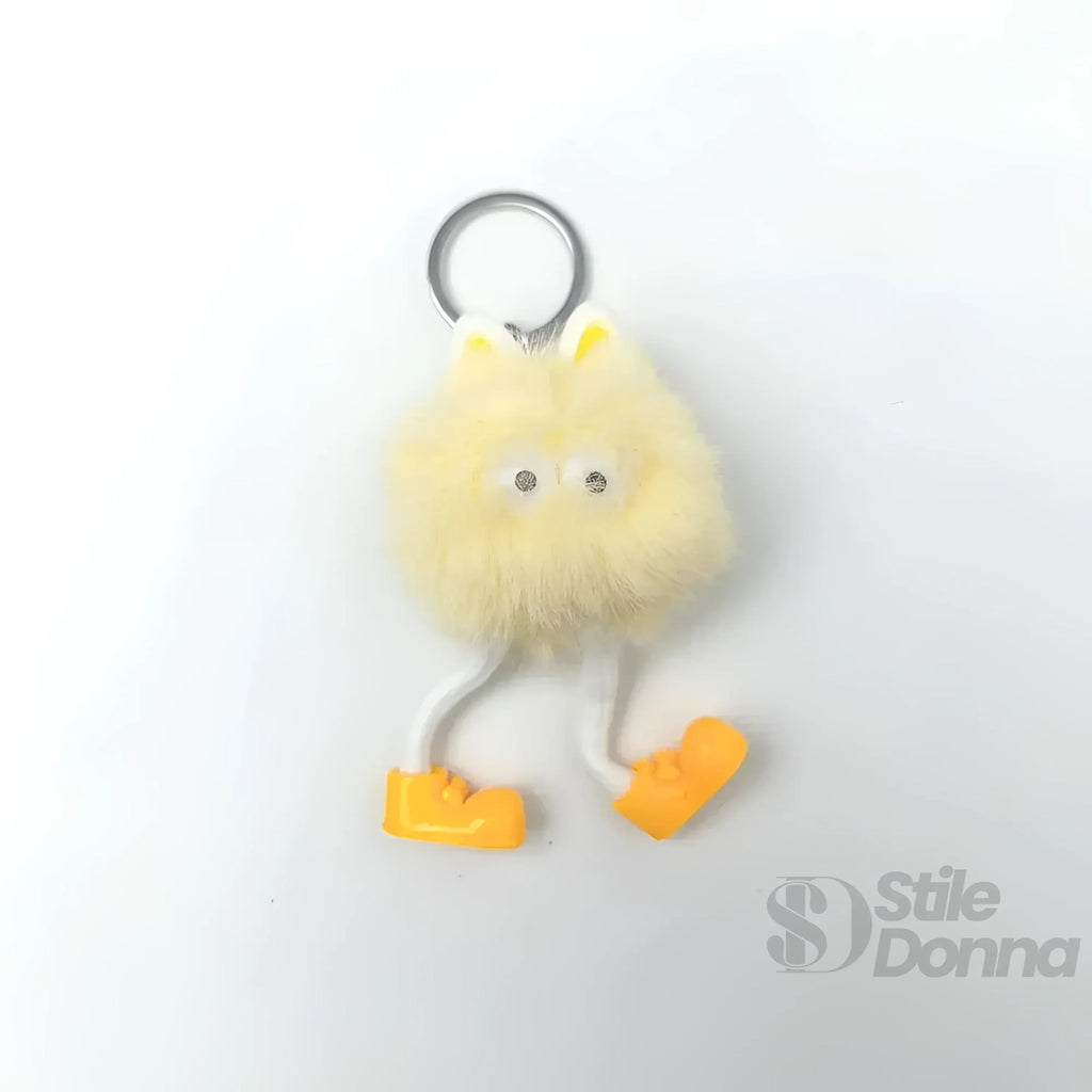 Charm Per Borsa Pom Pom Personaggio In Pelliccia Sintetica E Plastica Con Viso E Gambe Pendenti