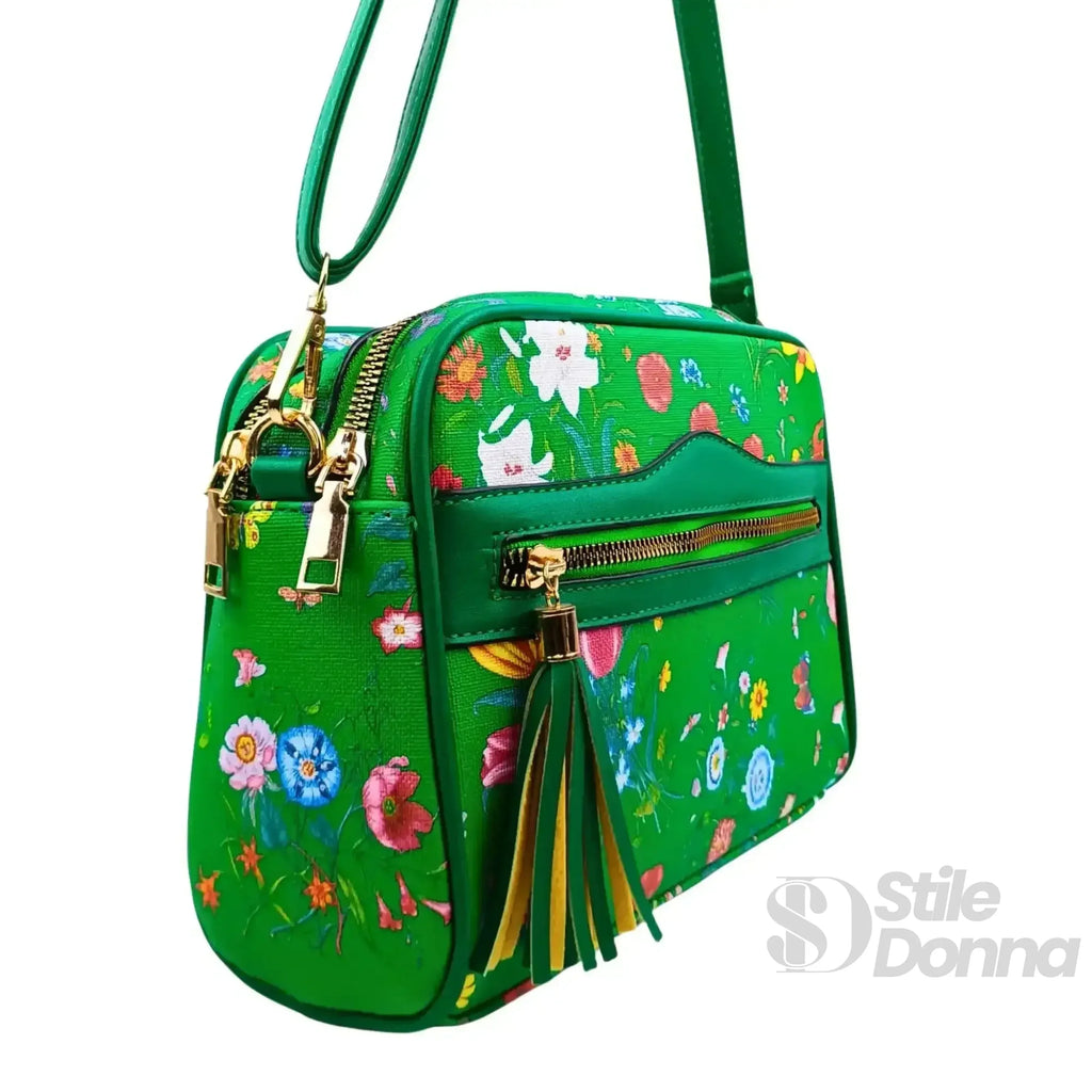 MS-1756 Borsa A Tracolla Stampa Fiori Verdi In Tessuto Resistente Regolabile Compatta