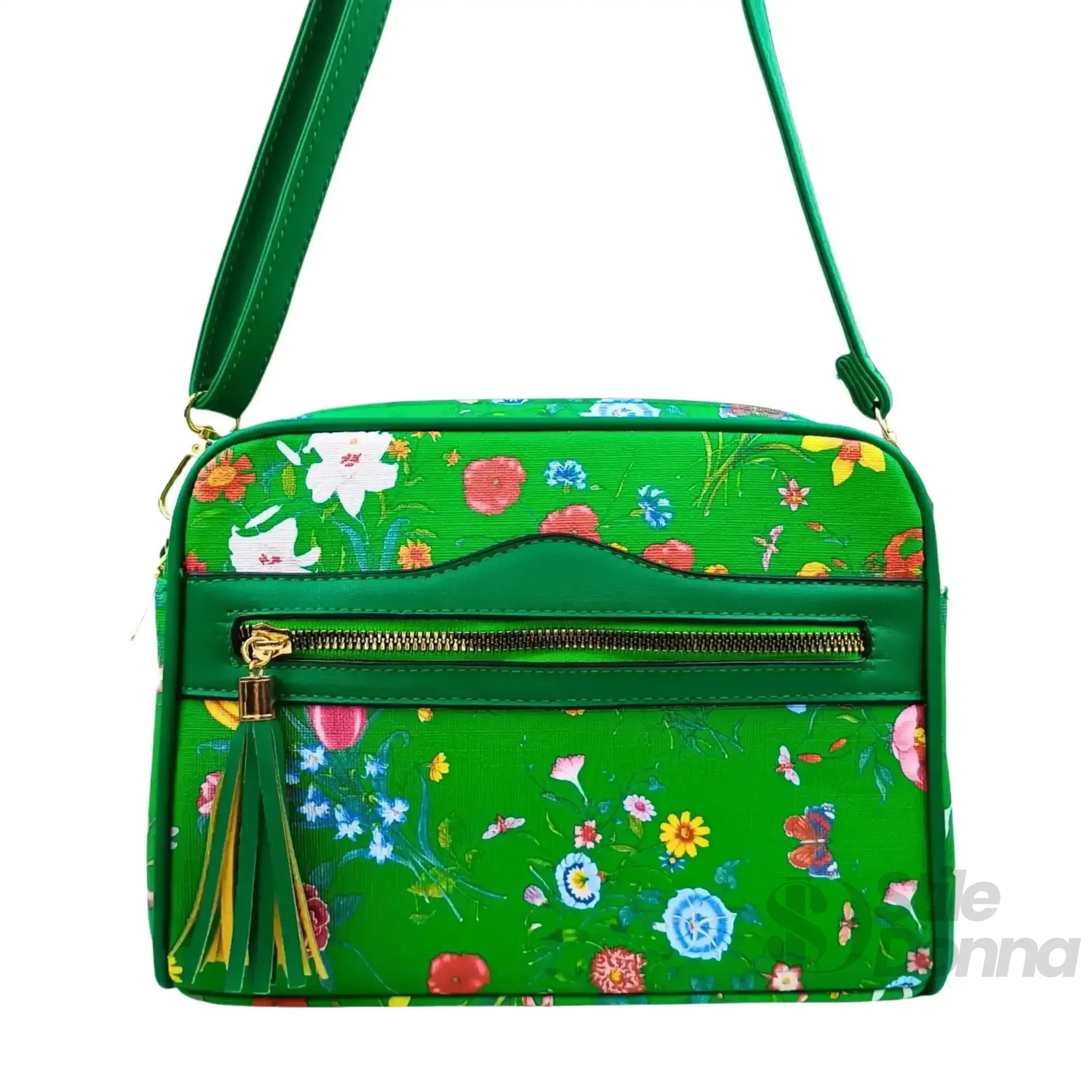 MS-1756 Borsa A Tracolla Stampa Fiori Verdi In Tessuto Resistente Regolabile Compatta