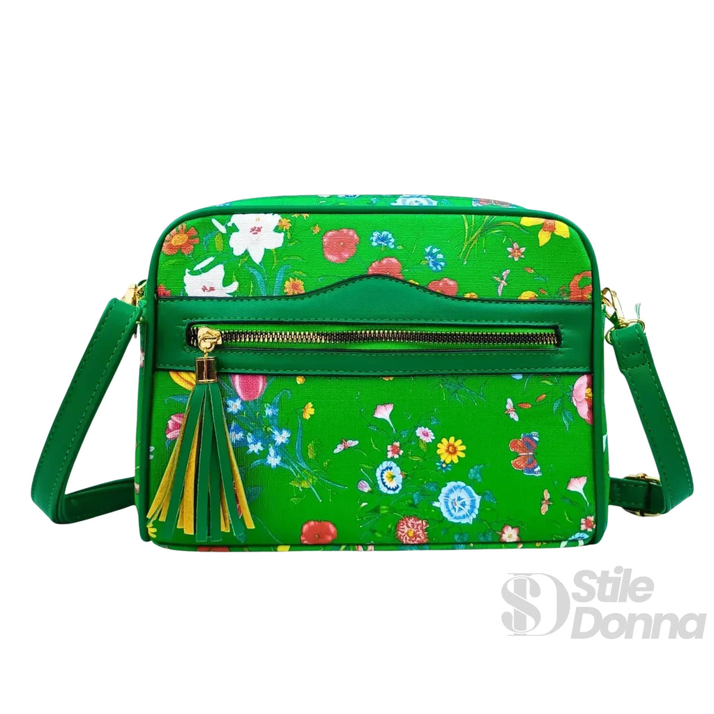 MS-1756 Borsa A Tracolla Stampa Fiori Verdi In Tessuto Resistente Regolabile Compatta
