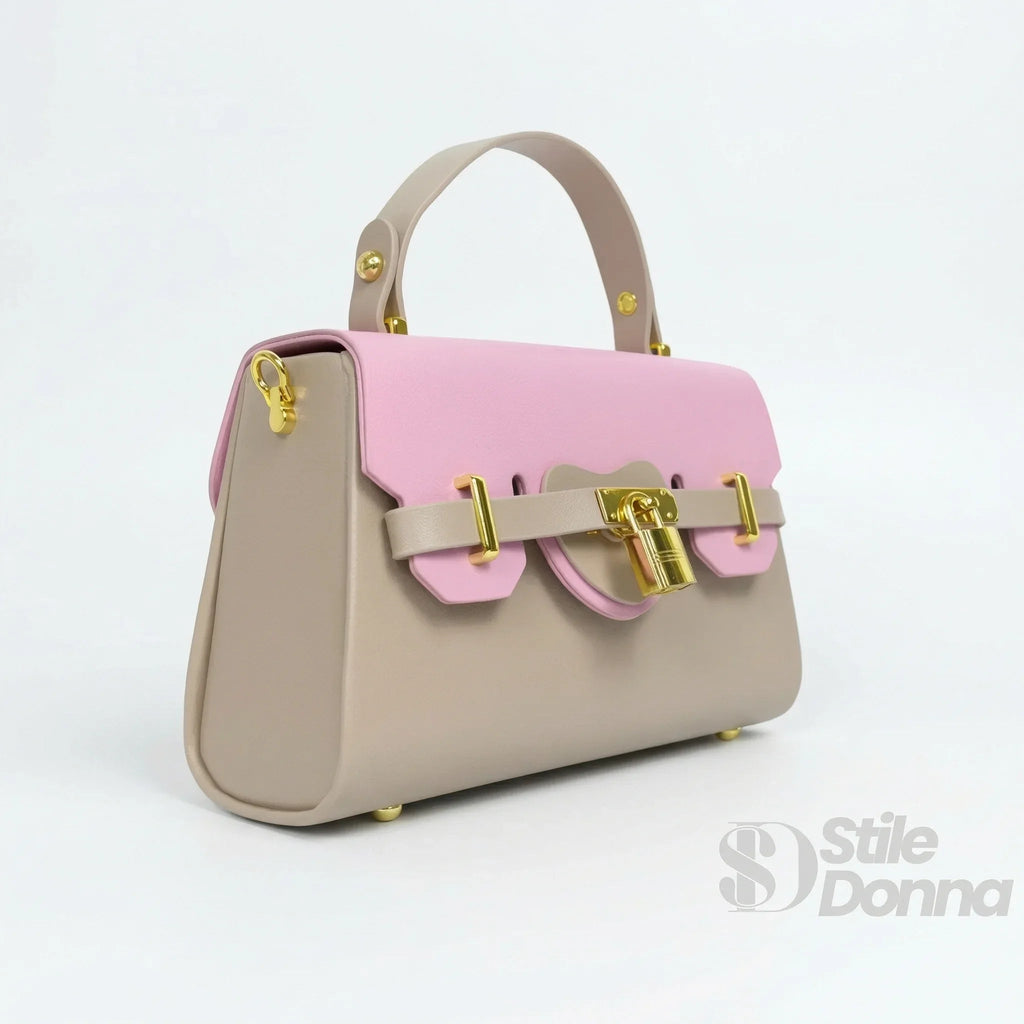 Mini Borsa A Mano In Ecopelle Color Cachi E Rosa Con Lucchetto Dorato E Chiusura Magnetica Tracolla Regolabile
