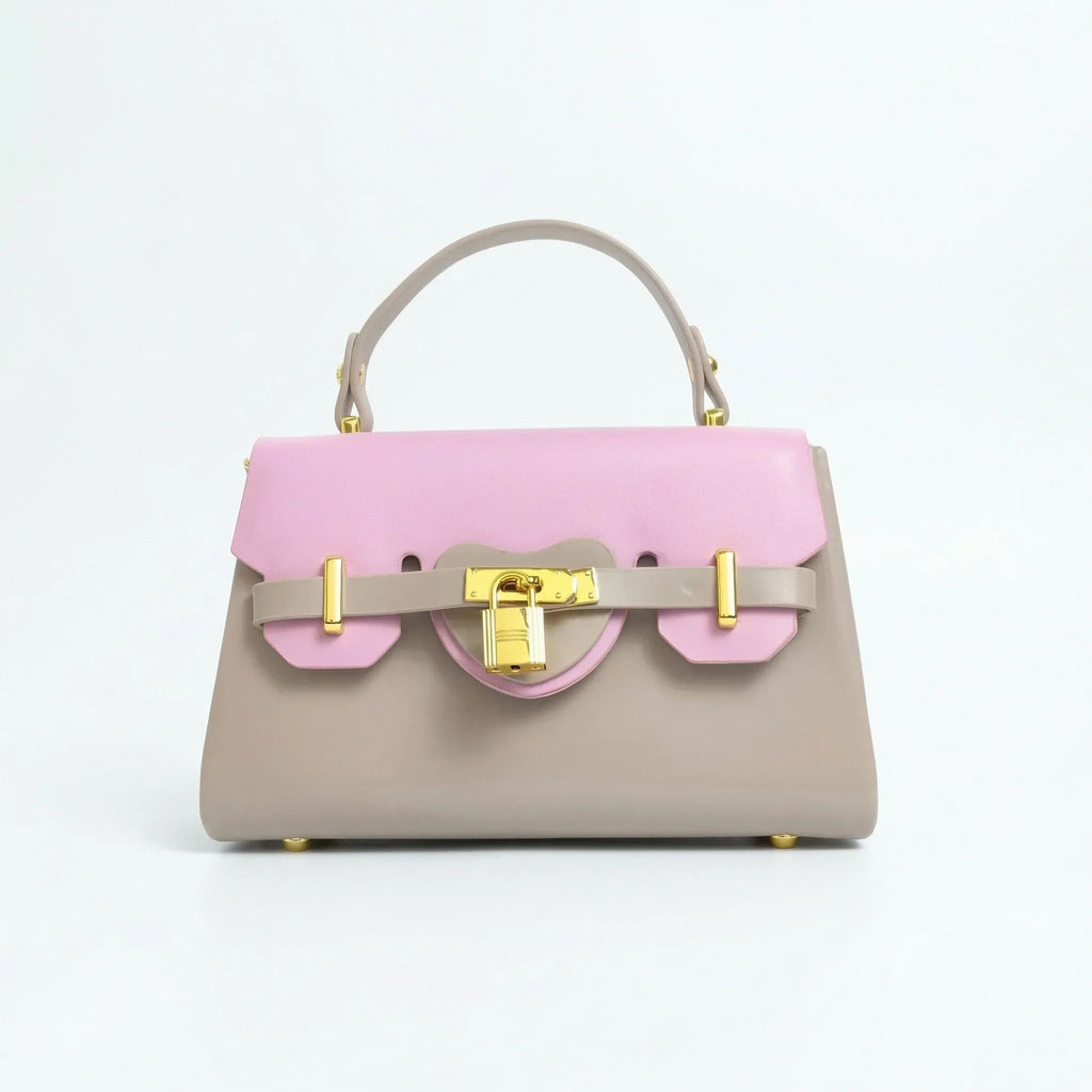Mini Borsa A Mano In Ecopelle Color Cachi E Rosa Con Lucchetto Dorato E Chiusura Magnetica Tracolla Regolabile