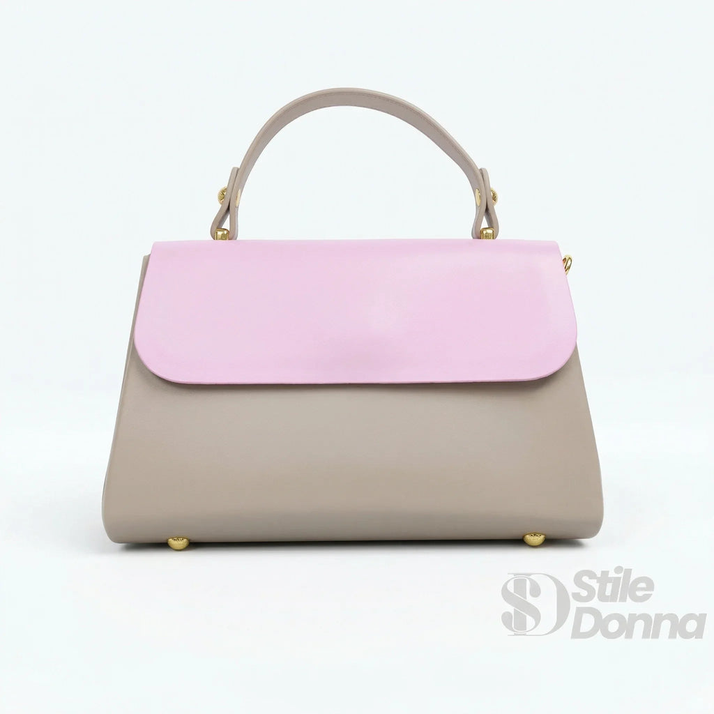 Mini Borsa A Mano In Ecopelle Color Cachi E Rosa Con Lucchetto Dorato E Chiusura Magnetica Tracolla Regolabile