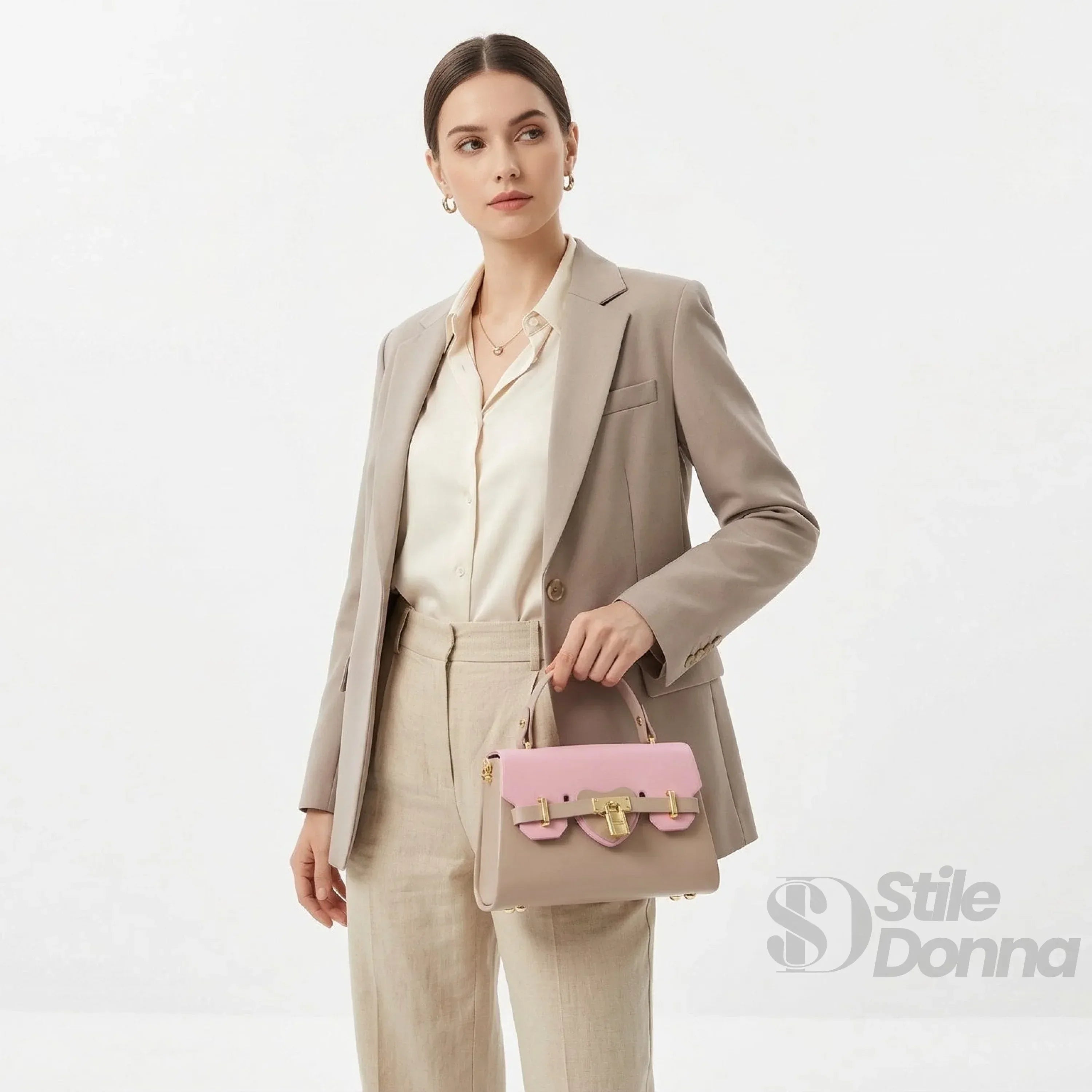 Mini Borsa A Mano In Ecopelle Color Cachi E Rosa Con Lucchetto Dorato E Chiusura Magnetica Tracolla Regolabile