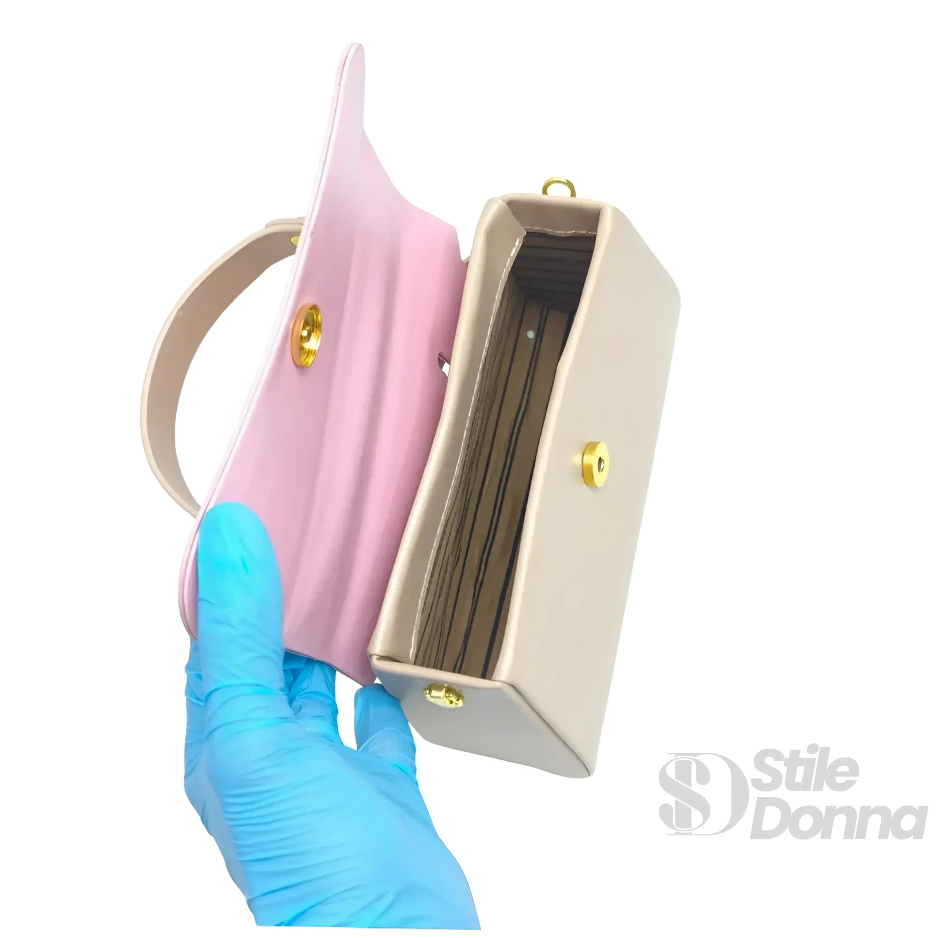 Mini Borsa A Mano In Ecopelle Color Cachi E Rosa Con Lucchetto Dorato E Chiusura Magnetica Tracolla Regolabile