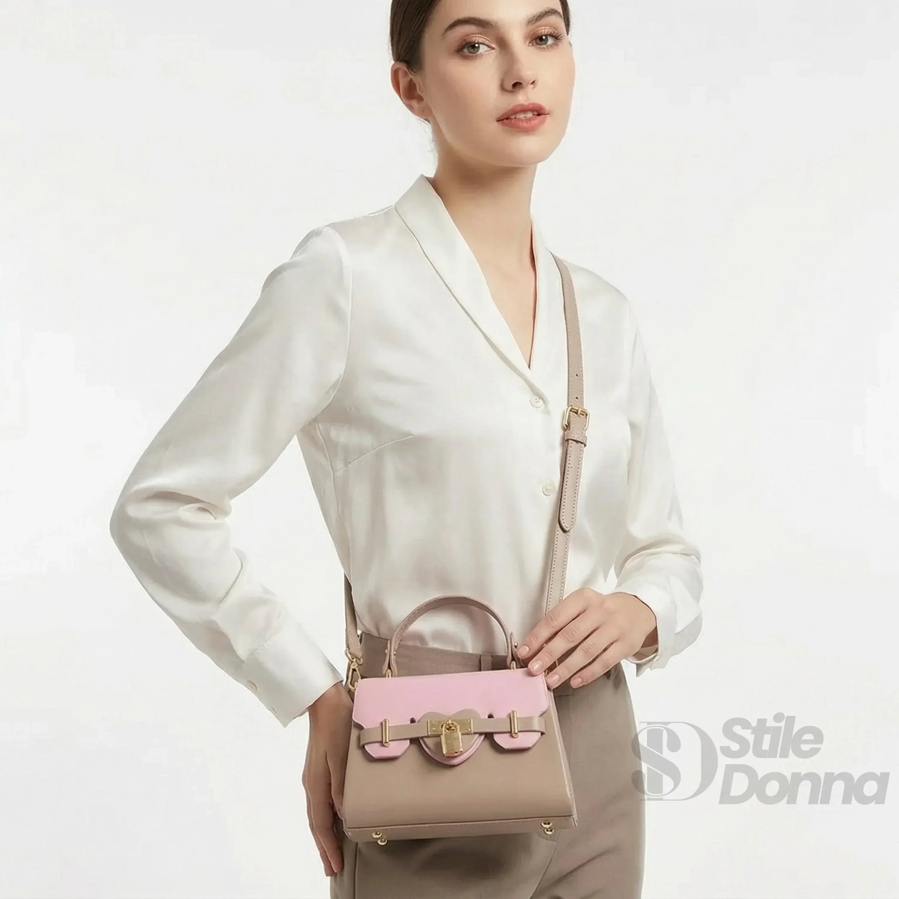Mini Borsa A Mano In Ecopelle Color Cachi E Rosa Con Lucchetto Dorato E Chiusura Magnetica Tracolla Regolabile