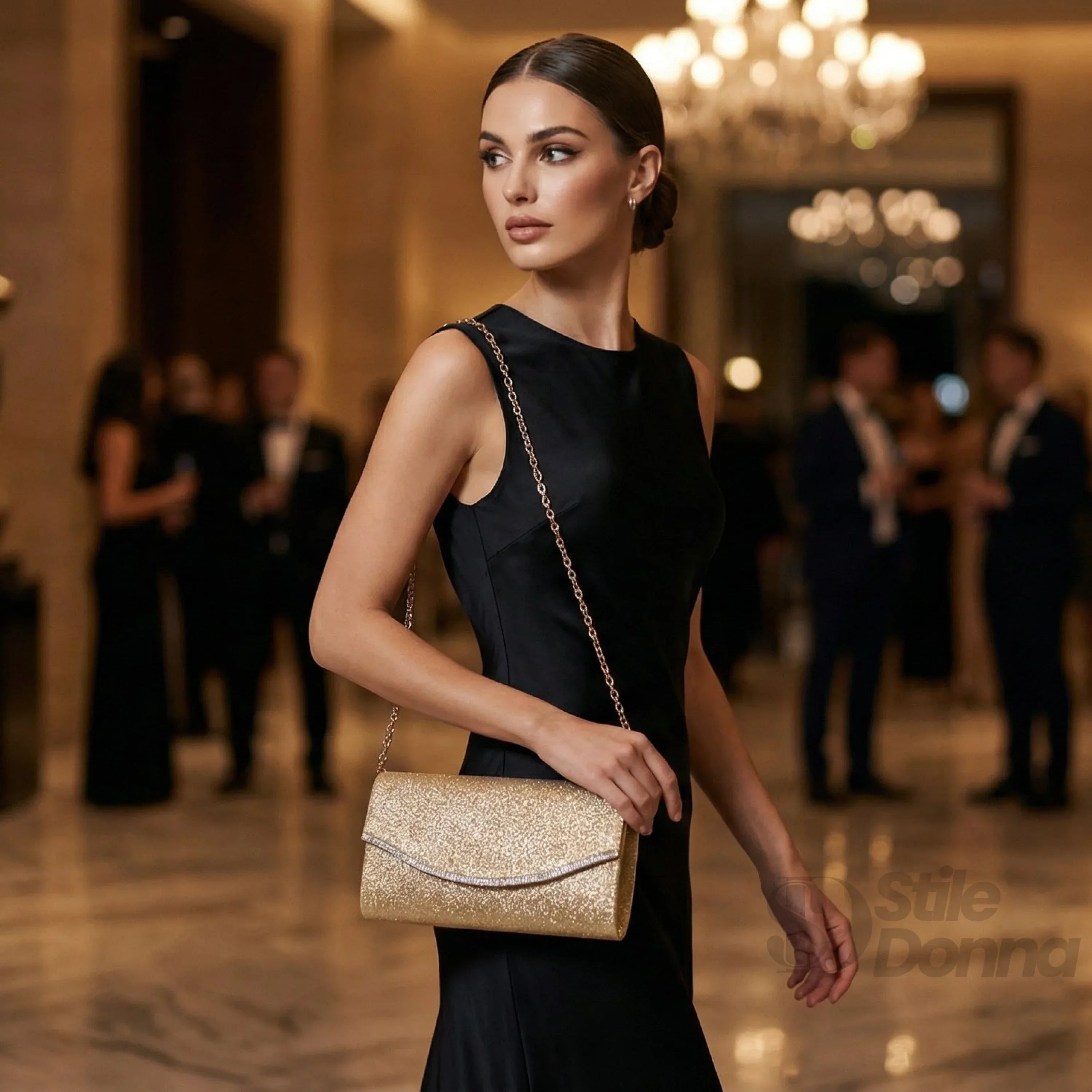Pochette Busta Strass Scintillante Oro Con Microfibra Interna Per Serata Elegante Da Sera