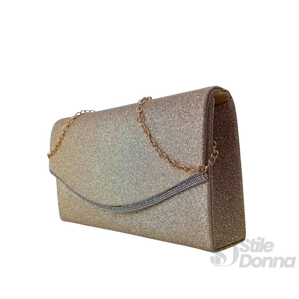 Pochette Busta Strass Scintillante Oro Con Microfibra Interna Per Serata Elegante Da Sera