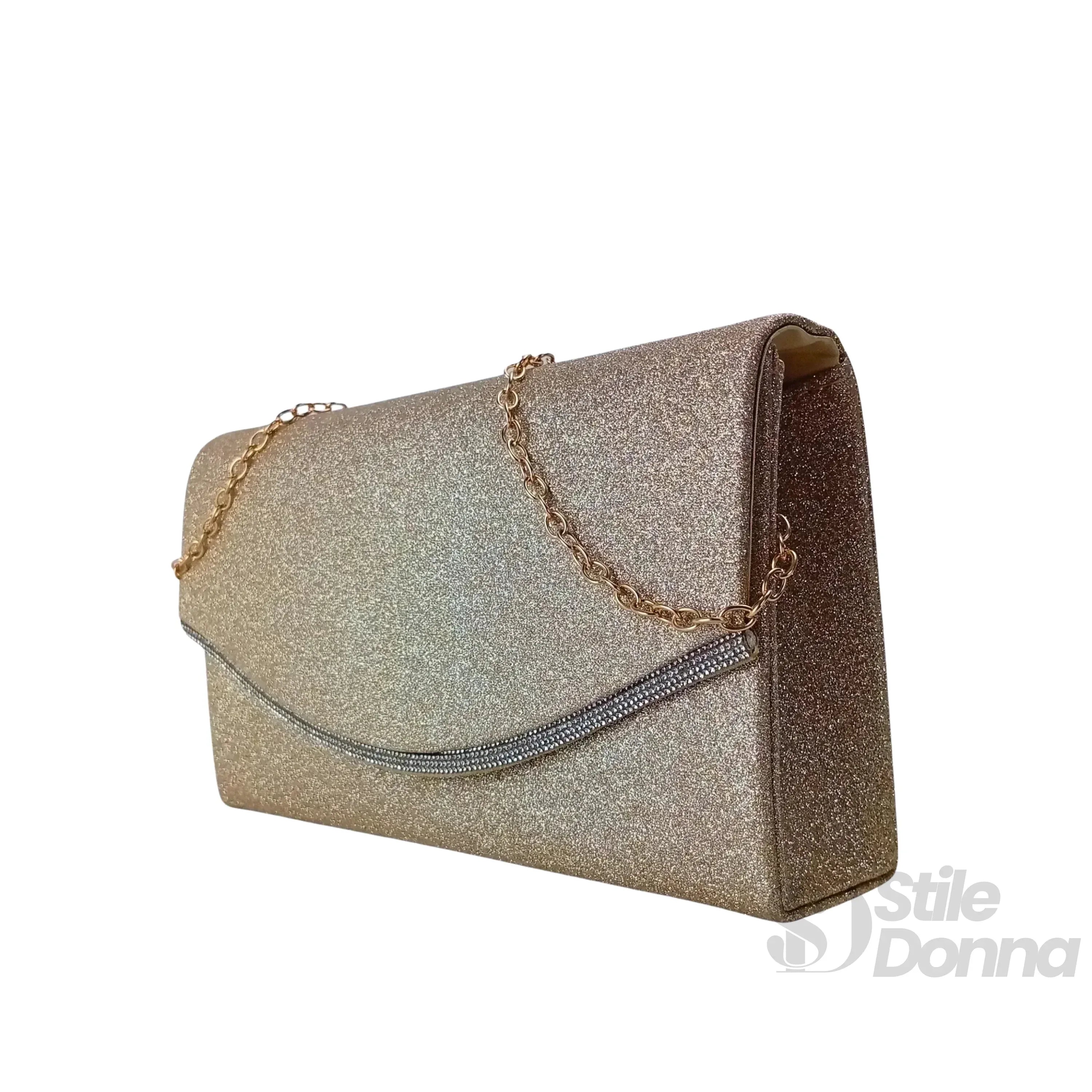 Pochette Busta Strass Scintillante Oro Con Microfibra Interna Per Serata Elegante Da Sera