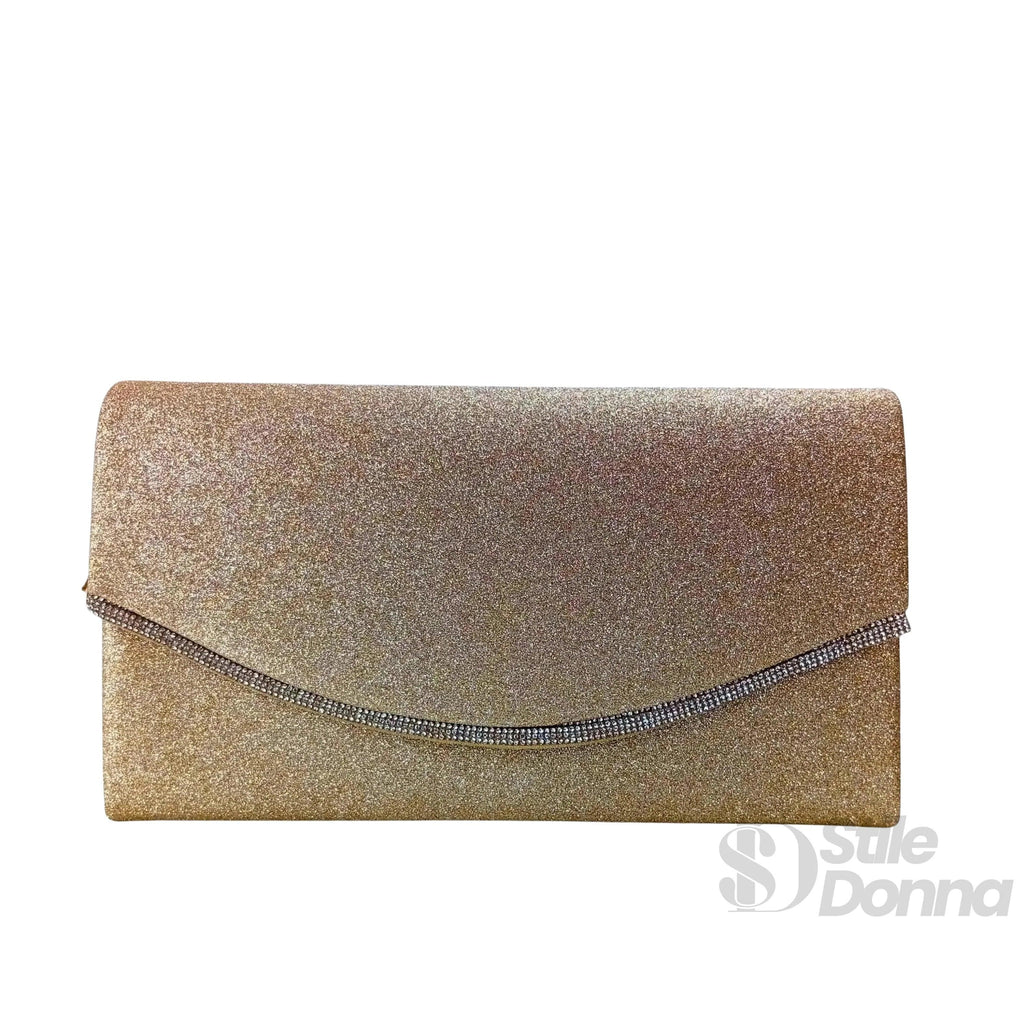 Pochette Busta Strass Scintillante Oro Con Microfibra Interna Per Serata Elegante Da Sera