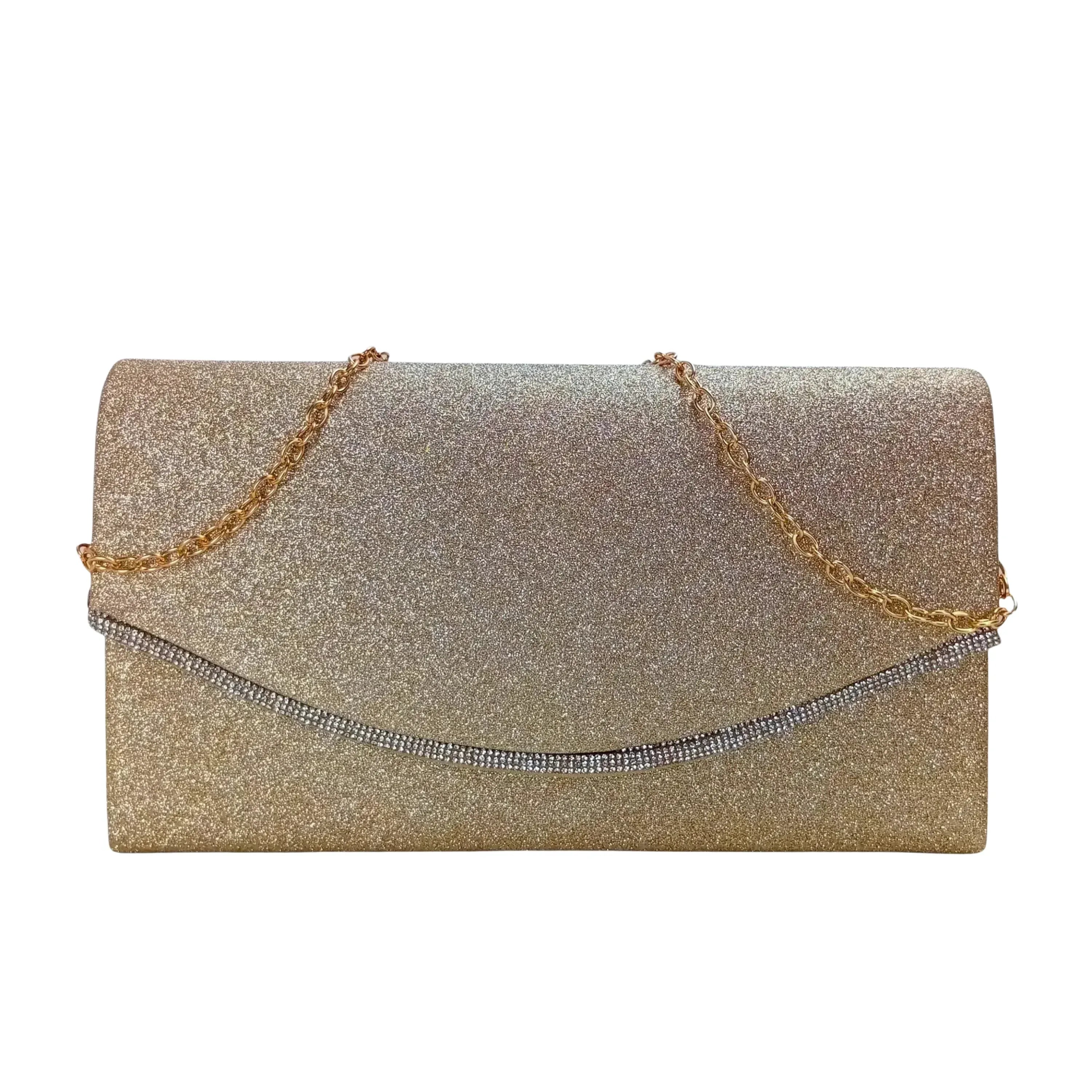 Pochette Busta Strass Scintillante Oro Con Microfibra Interna Per Serata Elegante Da Sera