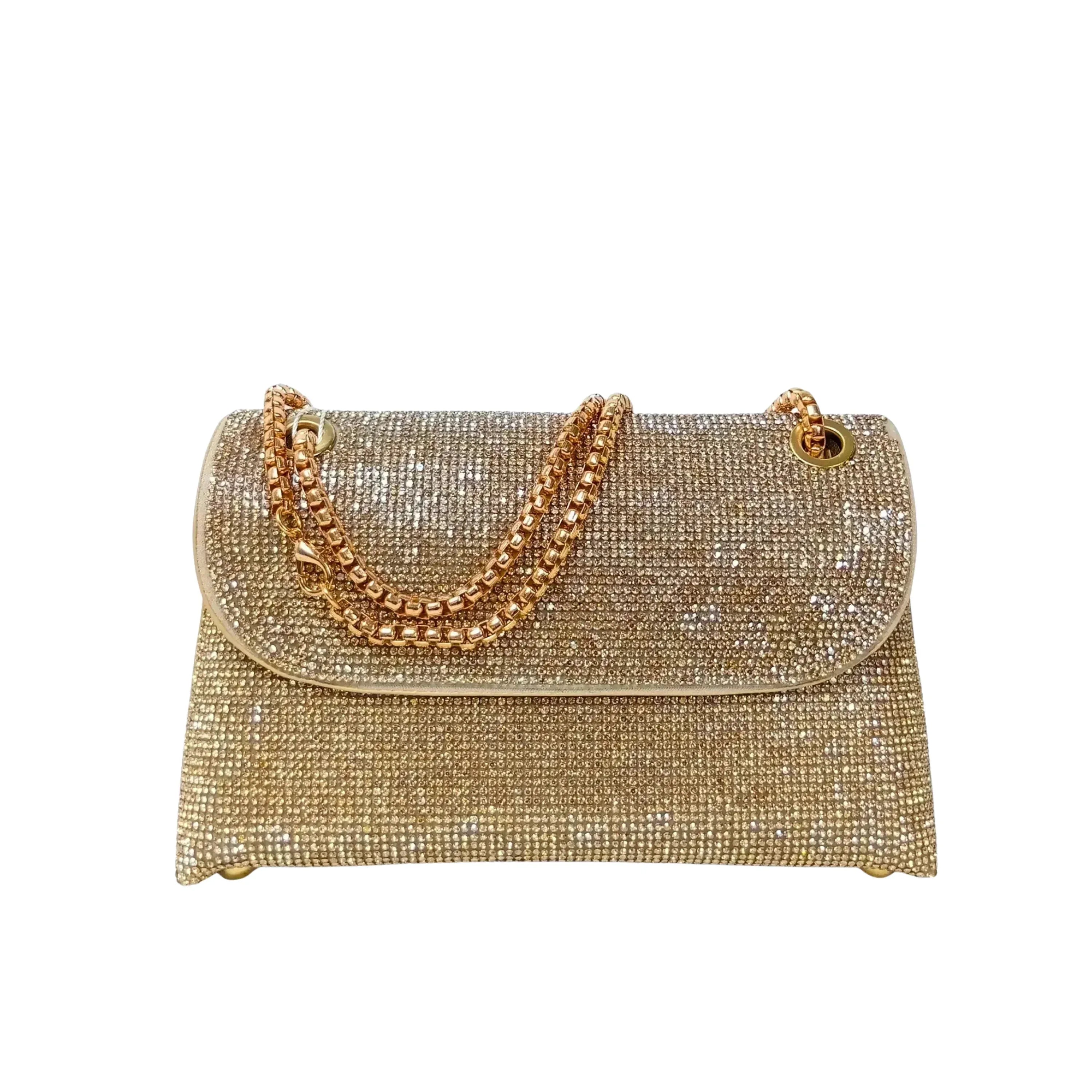 MS Pochette Strass MS-4654 Cristallo Dorato Esterno Vetro al Piombo Interno Microfibra Antistrappo Chiusura Magnetica