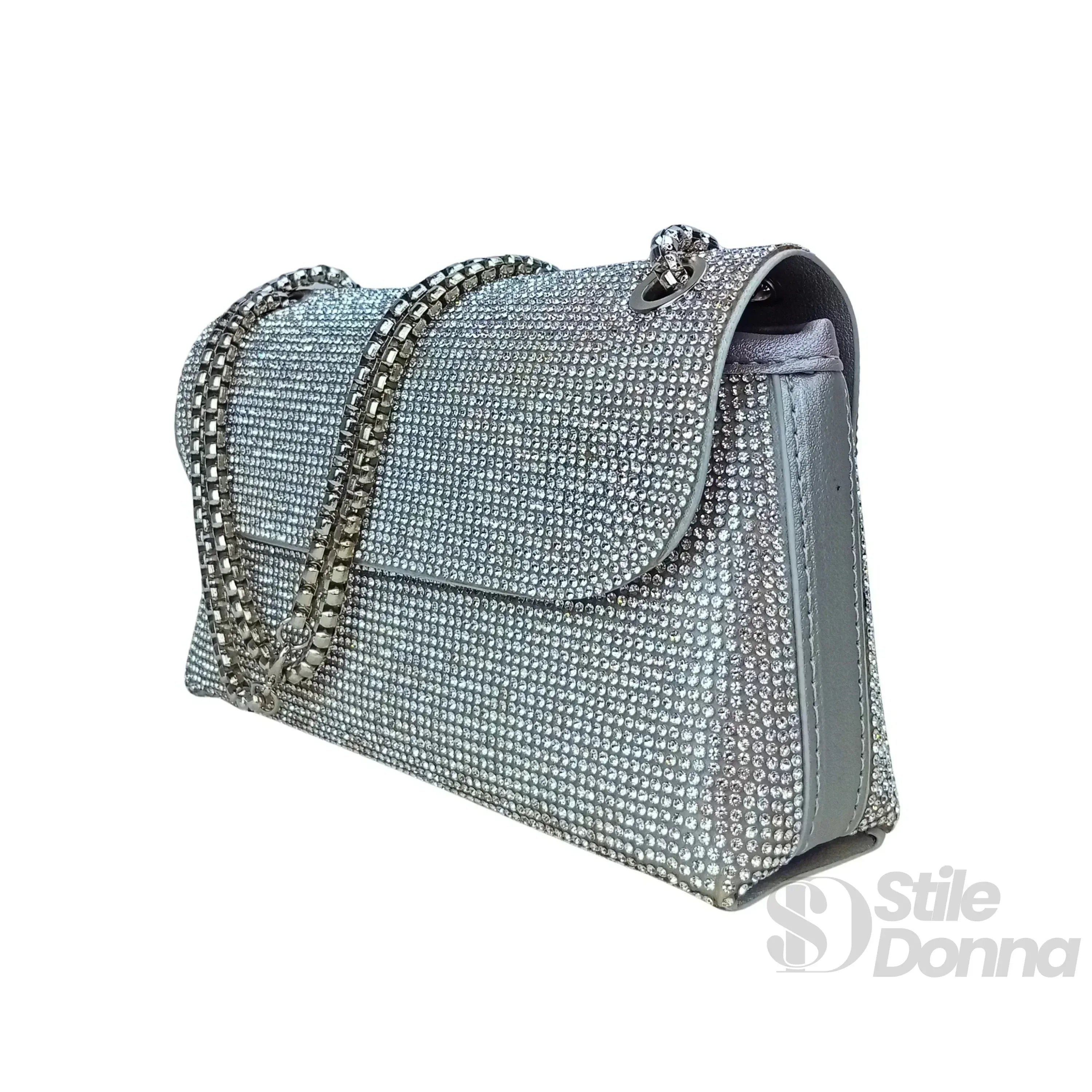 MS Pochette Strass MS-4654 Cristallo Dorato Esterno Vetro al Piombo Interno Microfibra Antistrappo Chiusura Magnetica