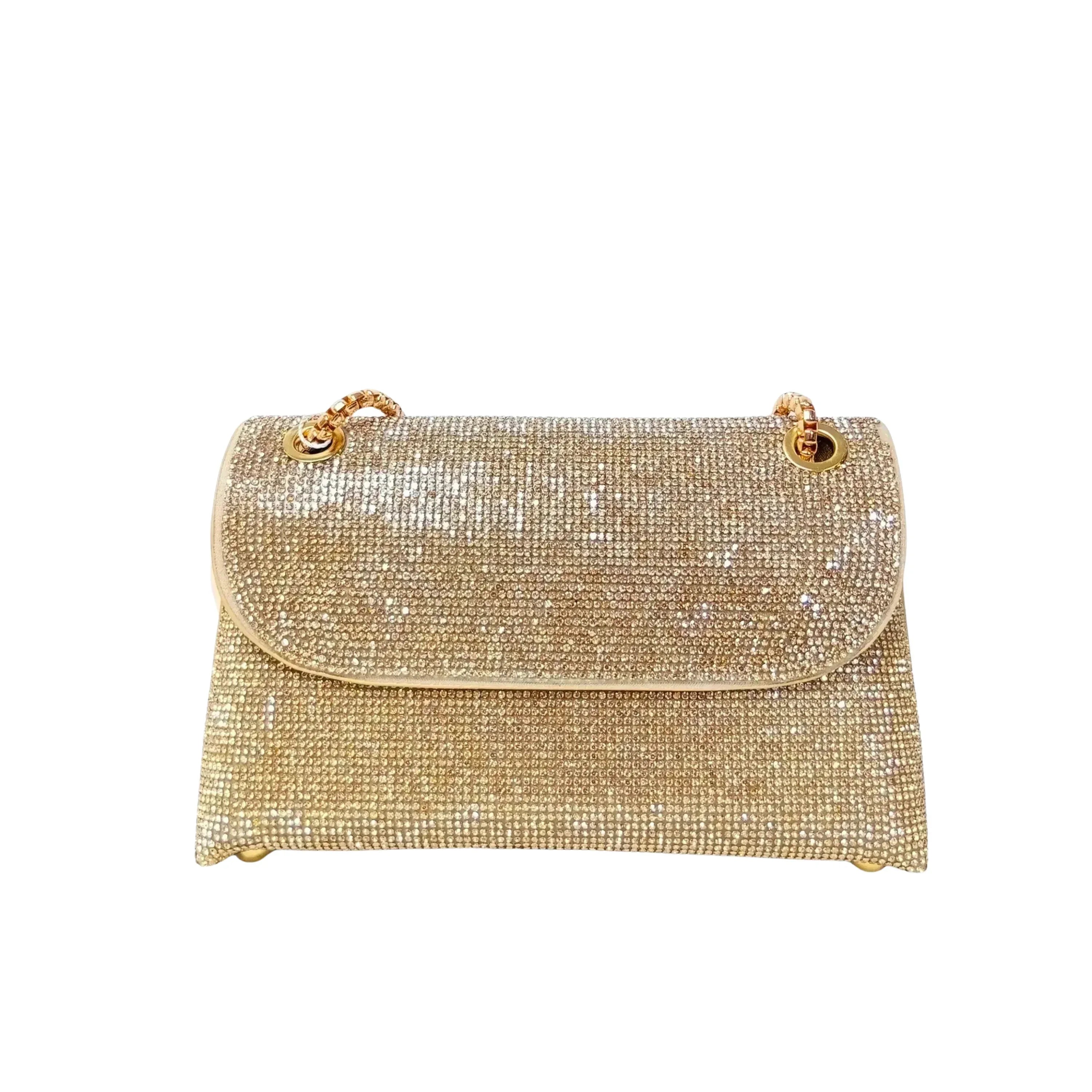 MS Pochette Strass MS-4654 Cristallo Dorato Esterno Vetro al Piombo Interno Microfibra Antistrappo Chiusura Magnetica