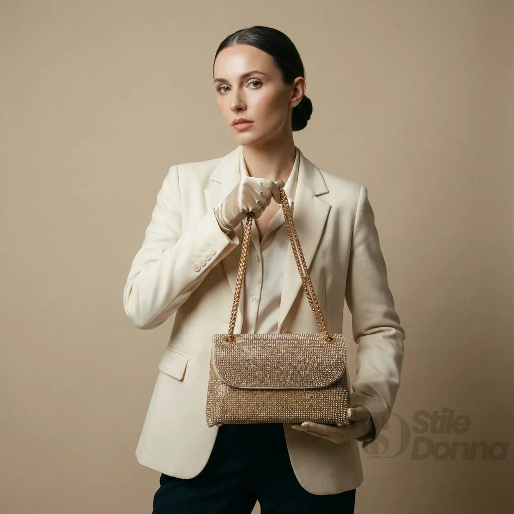 MS Pochette Strass MS-4654 Cristallo Dorato Esterno Vetro al Piombo Interno Microfibra Antistrappo Chiusura Magnetica