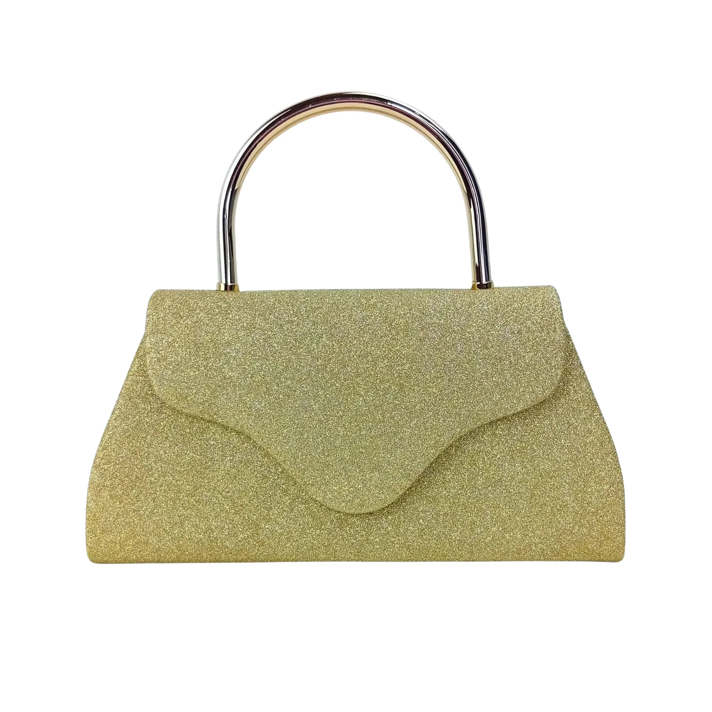 Pochette Da Sera Glitter Dorata Con Cristalli E Finiture Metallo Interno Microfibra Antistrappo