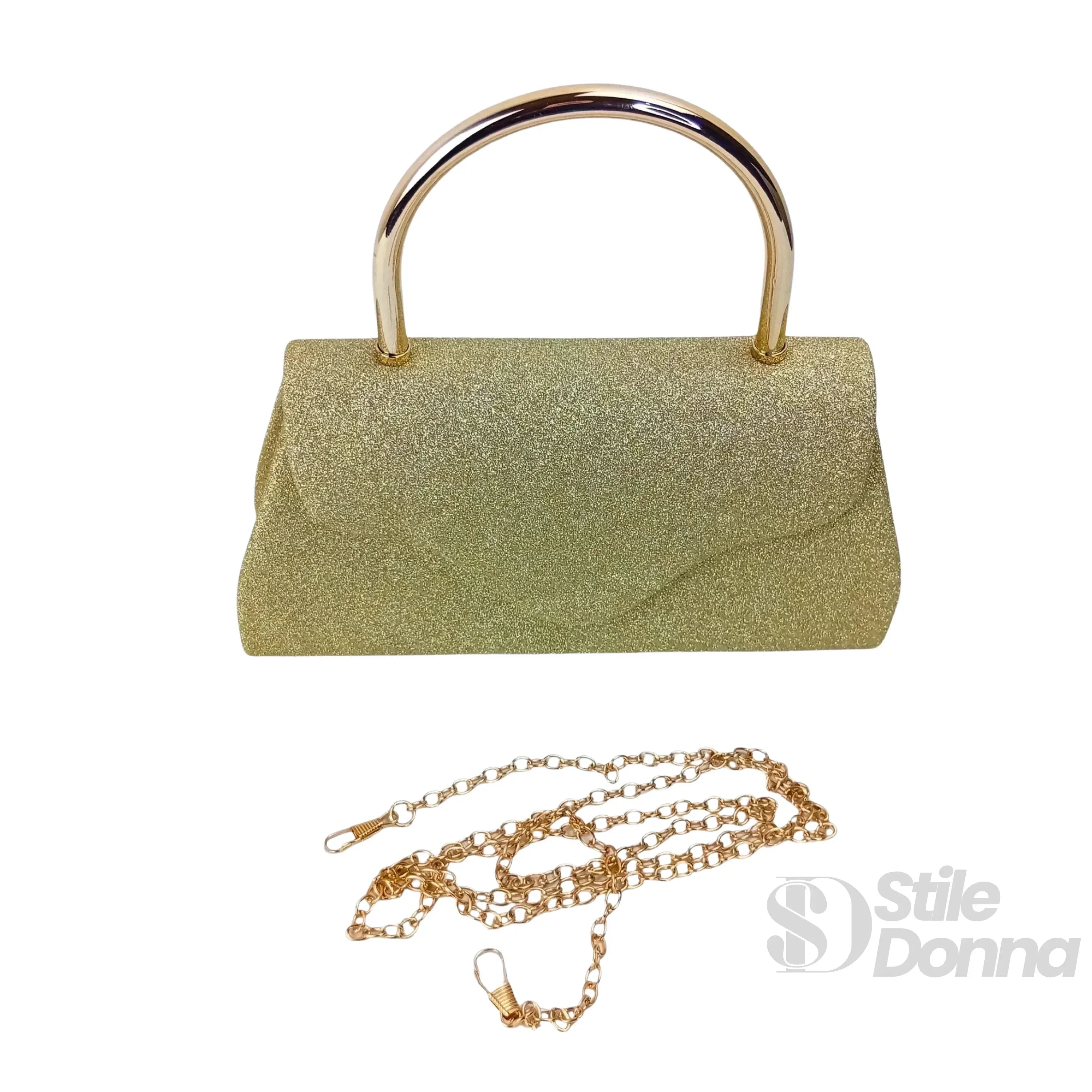 Pochette Da Sera Glitter Dorata Con Cristalli E Finiture Metallo Interno Microfibra Antistrappo