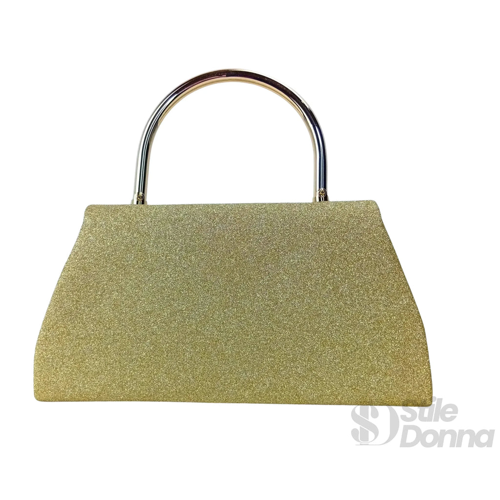 Pochette Da Sera Glitter Dorata Con Cristalli E Finiture Metallo Interno Microfibra Antistrappo