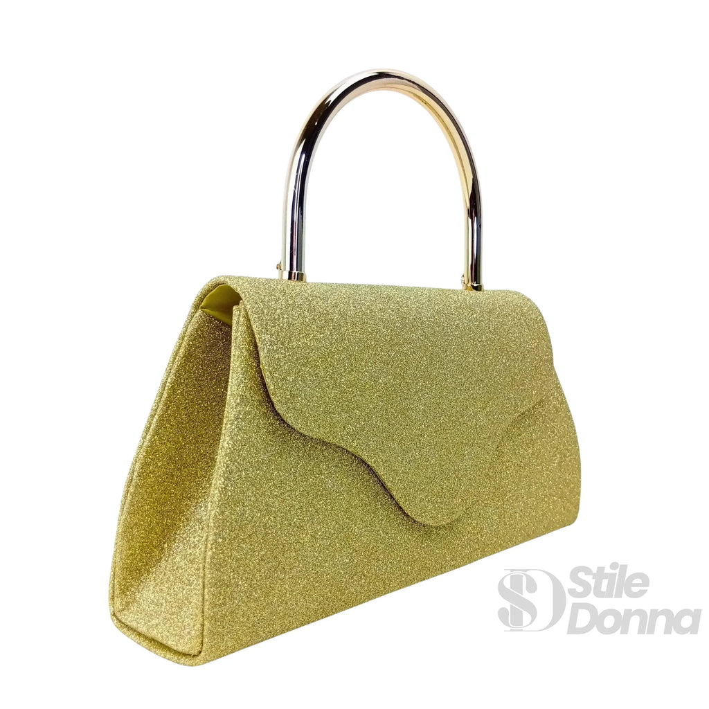 Pochette Da Sera Glitter Dorata Con Cristalli E Finiture Metallo Interno Microfibra Antistrappo