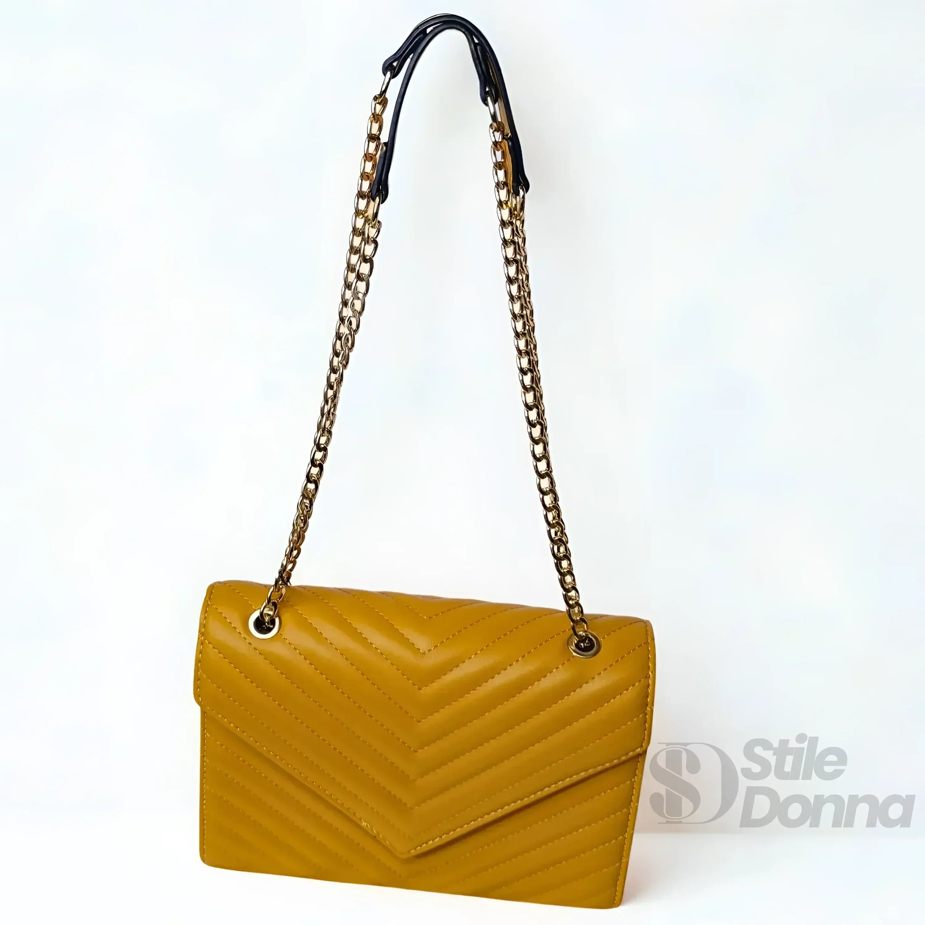 Pochette Giallo Senape Elegante Con Tracolla A Catena In Pelle Microfibra Mini Formato Compatto