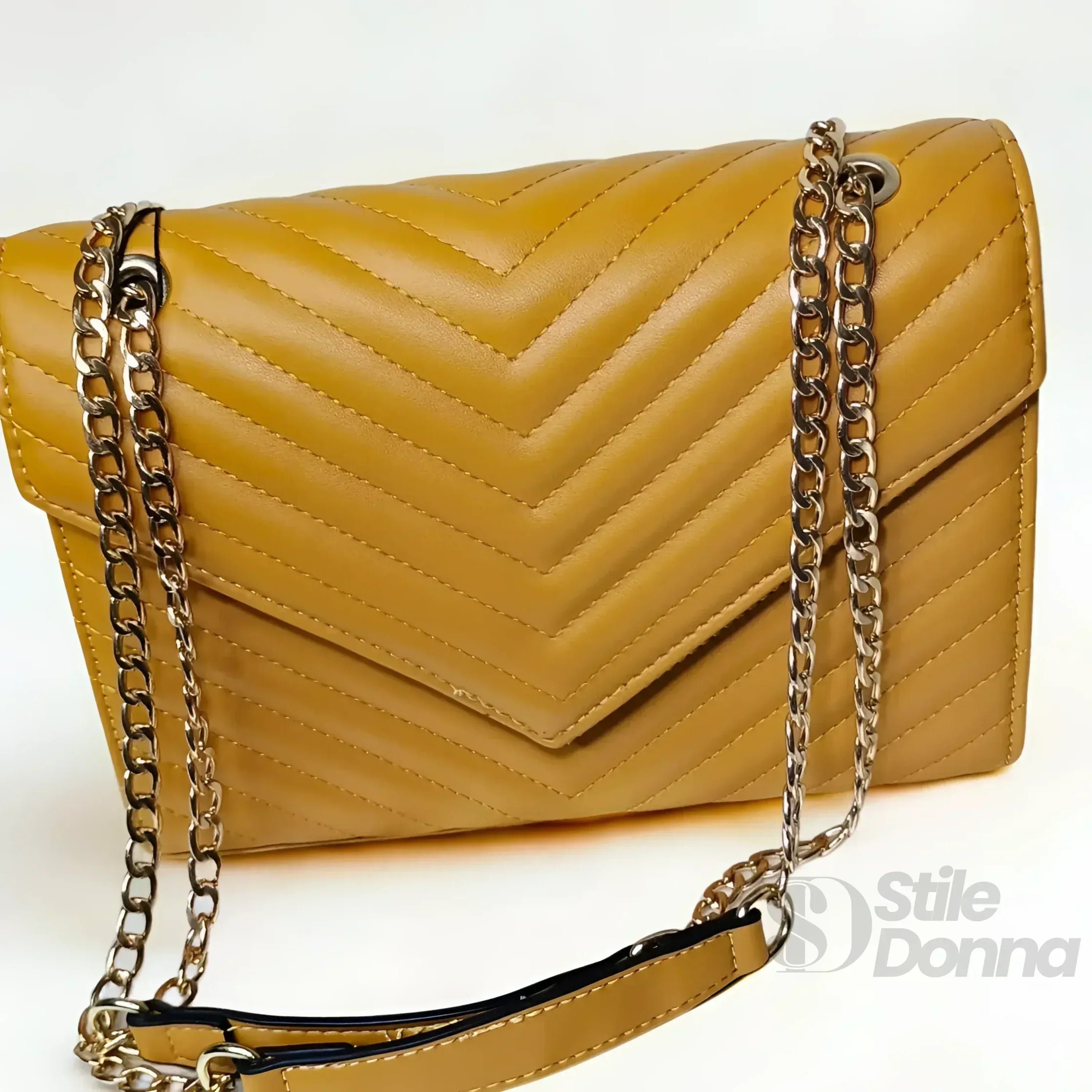 Pochette Giallo Senape Elegante Con Tracolla A Catena In Pelle Microfibra Mini Formato Compatto