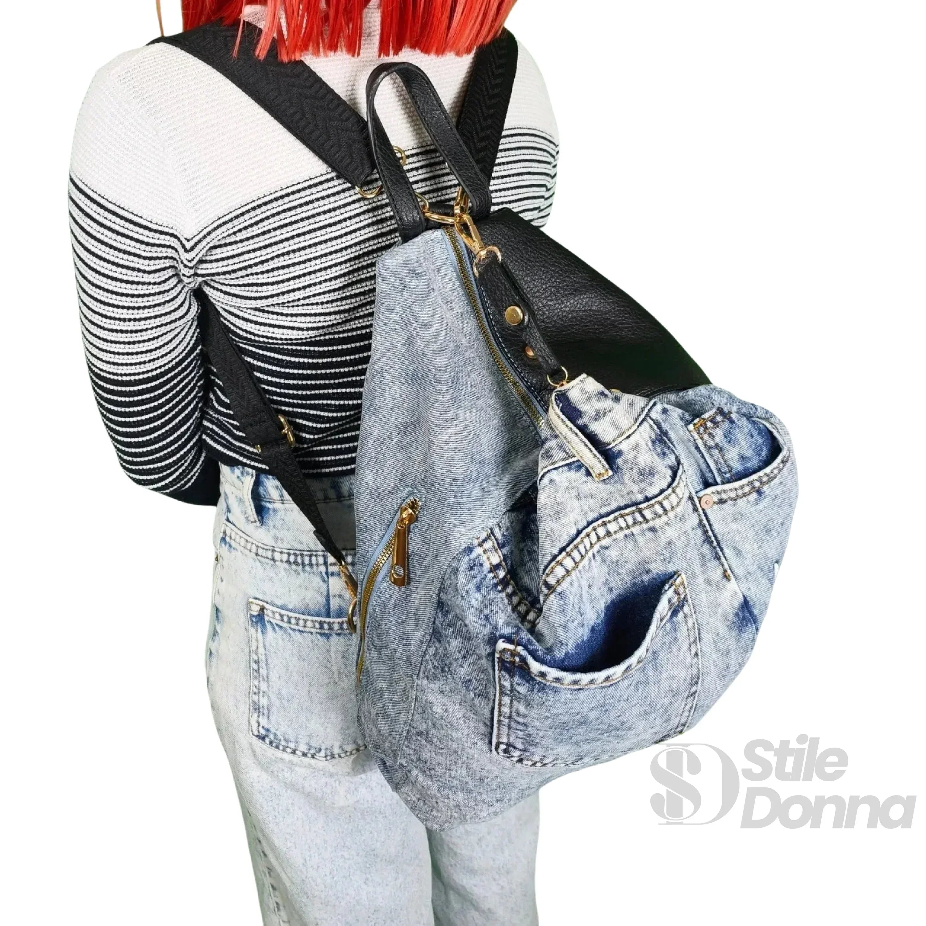 Dask Zaino In Denim Con Stampa E Dettagli In Metallo Oro Per Uso Quotidiano Con Scomparti