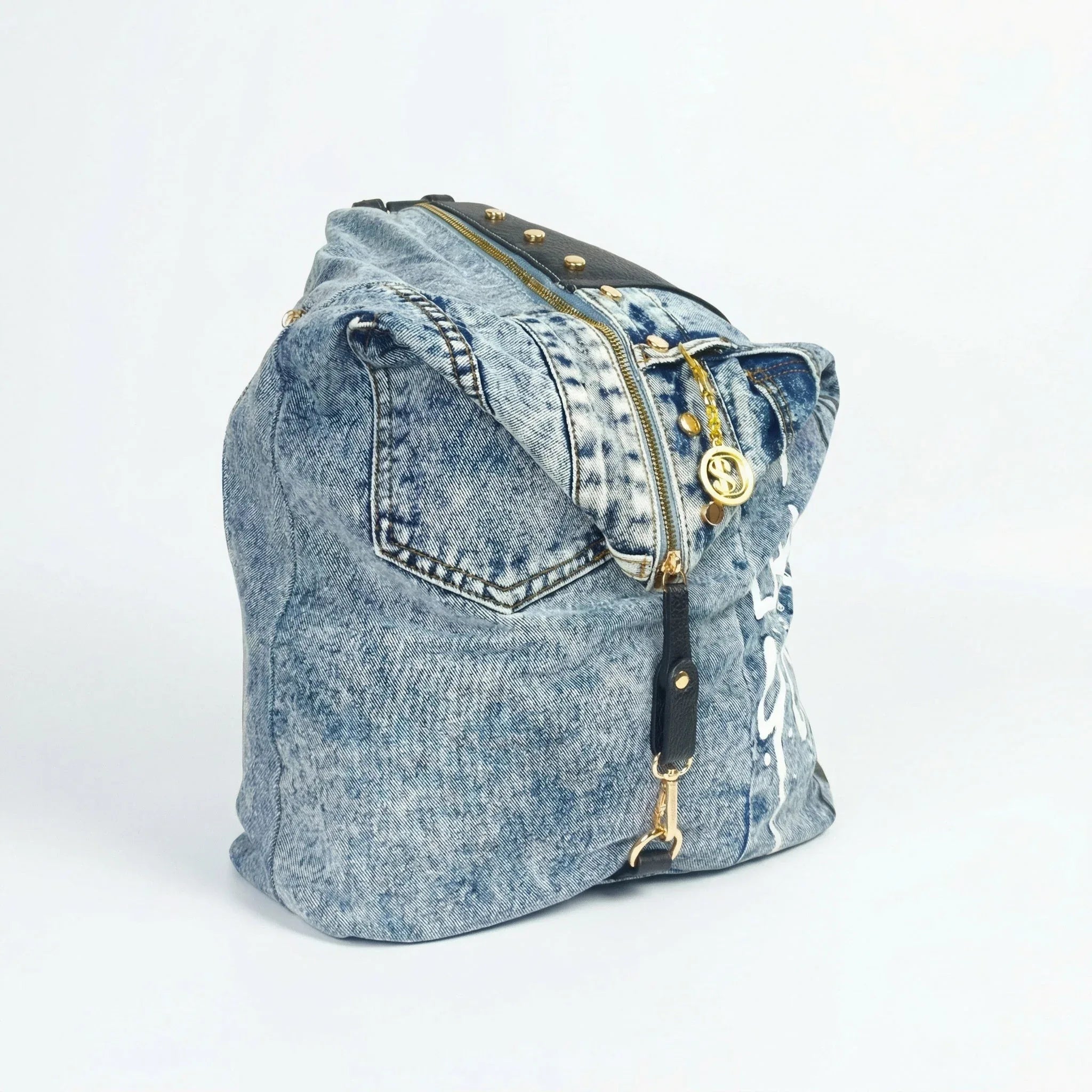 Dask Zaino In Denim Con Stampa E Dettagli In Metallo Oro Per Uso Quotidiano Con Scomparti