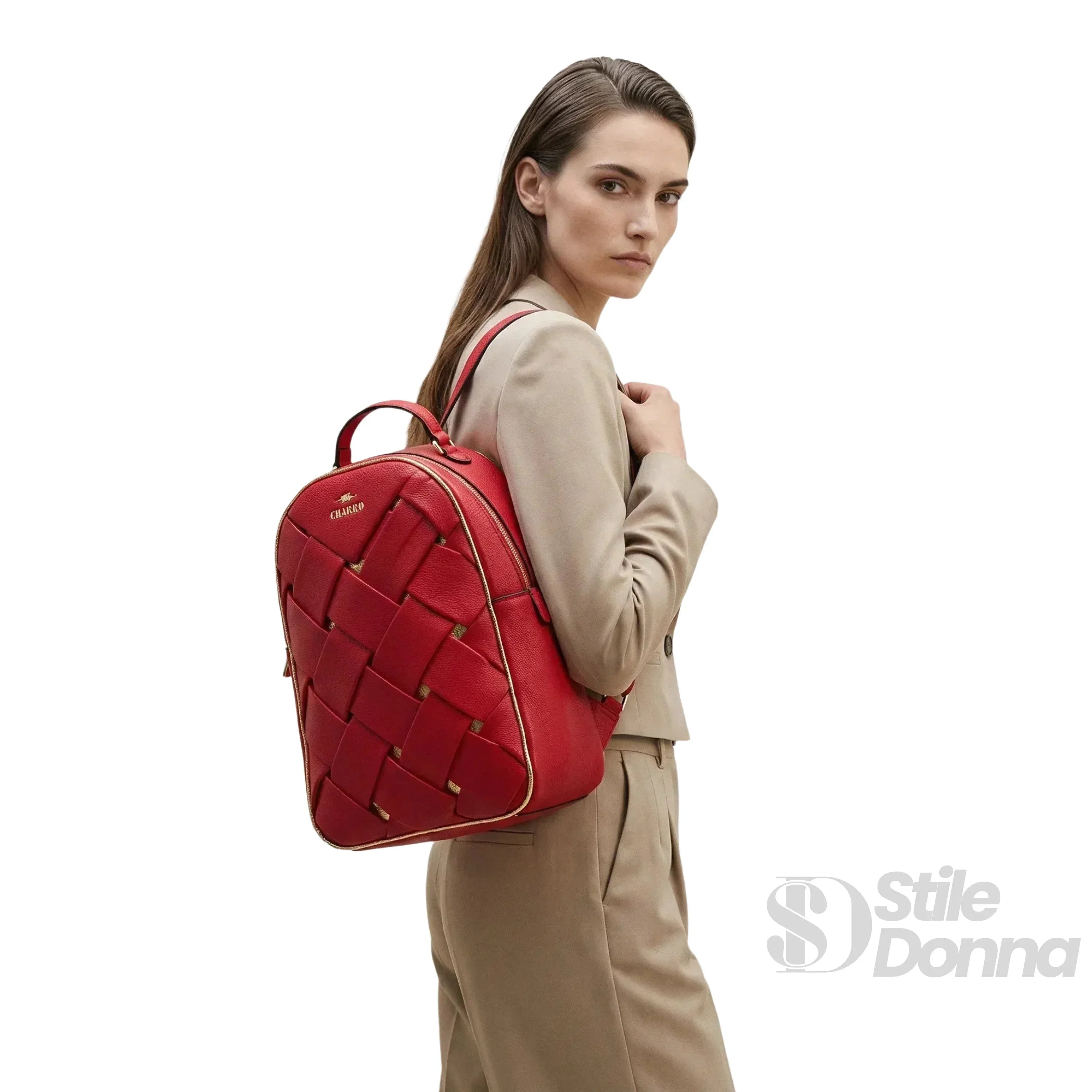 Zaino In Similpelle Intrecciata Rosso MS-4567 Due Ampi Scomparti Textura Raffinata