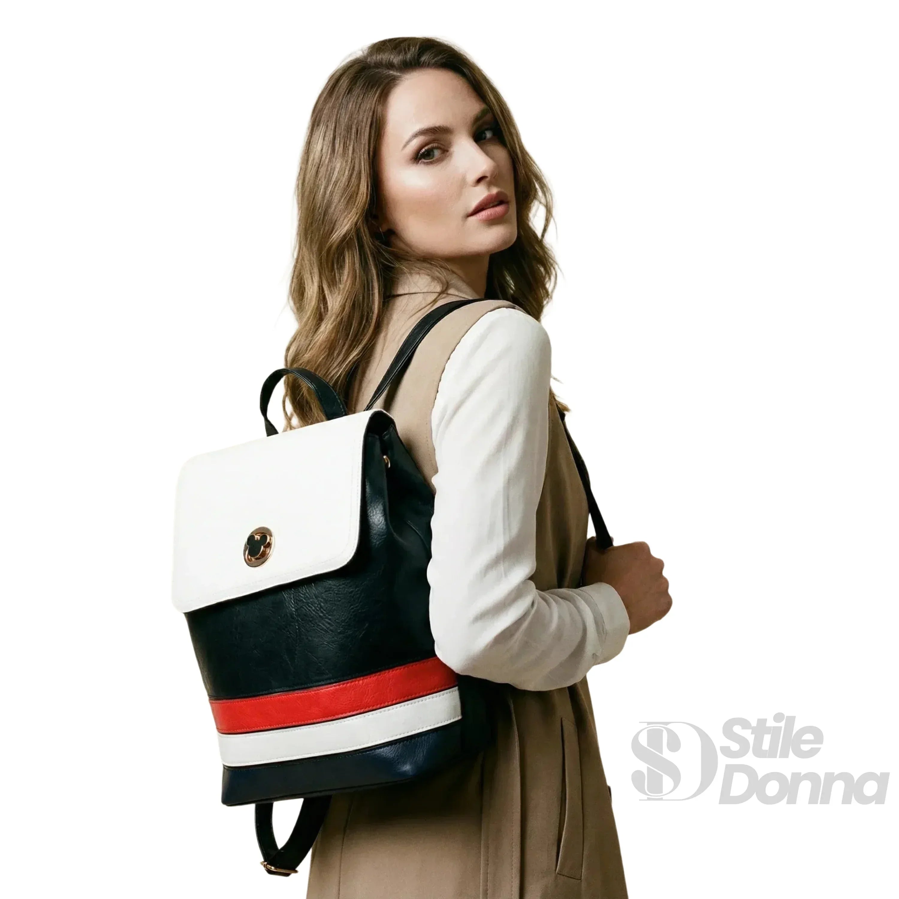 Disney Zaino In Pelle PU Tricolore Con Motivo Mickey Mouse Ideale Per Uso Quotidiano