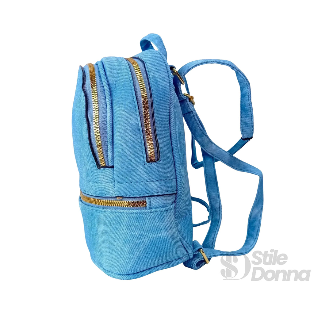 Zaino Mini Denim Blu Con Zip Oro